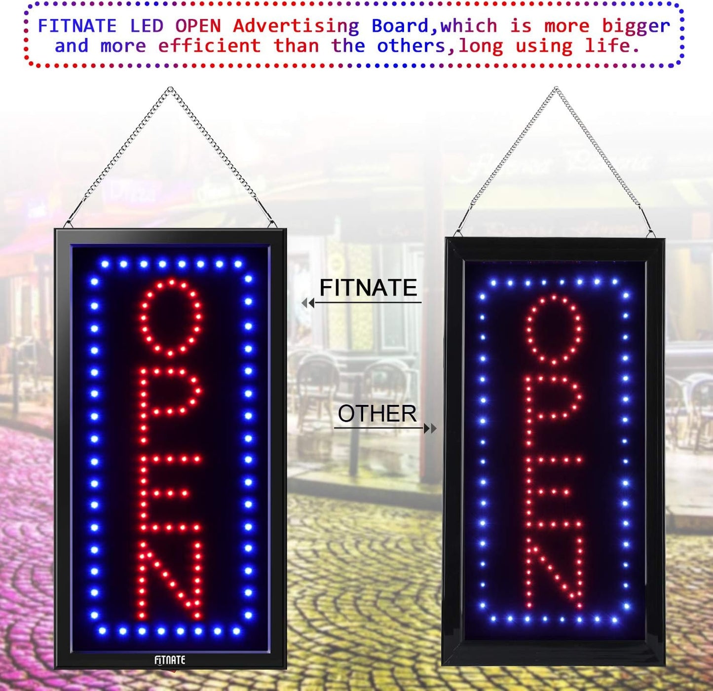 FITNATE LED Open Sign with Remote Control, Timing Function, Ultra Bright Vertical Light up Sign, Flashing & Steady Lighting Modes, Open Signs for Business Window, Wall, Bar, Hotel(19'' X 10'')