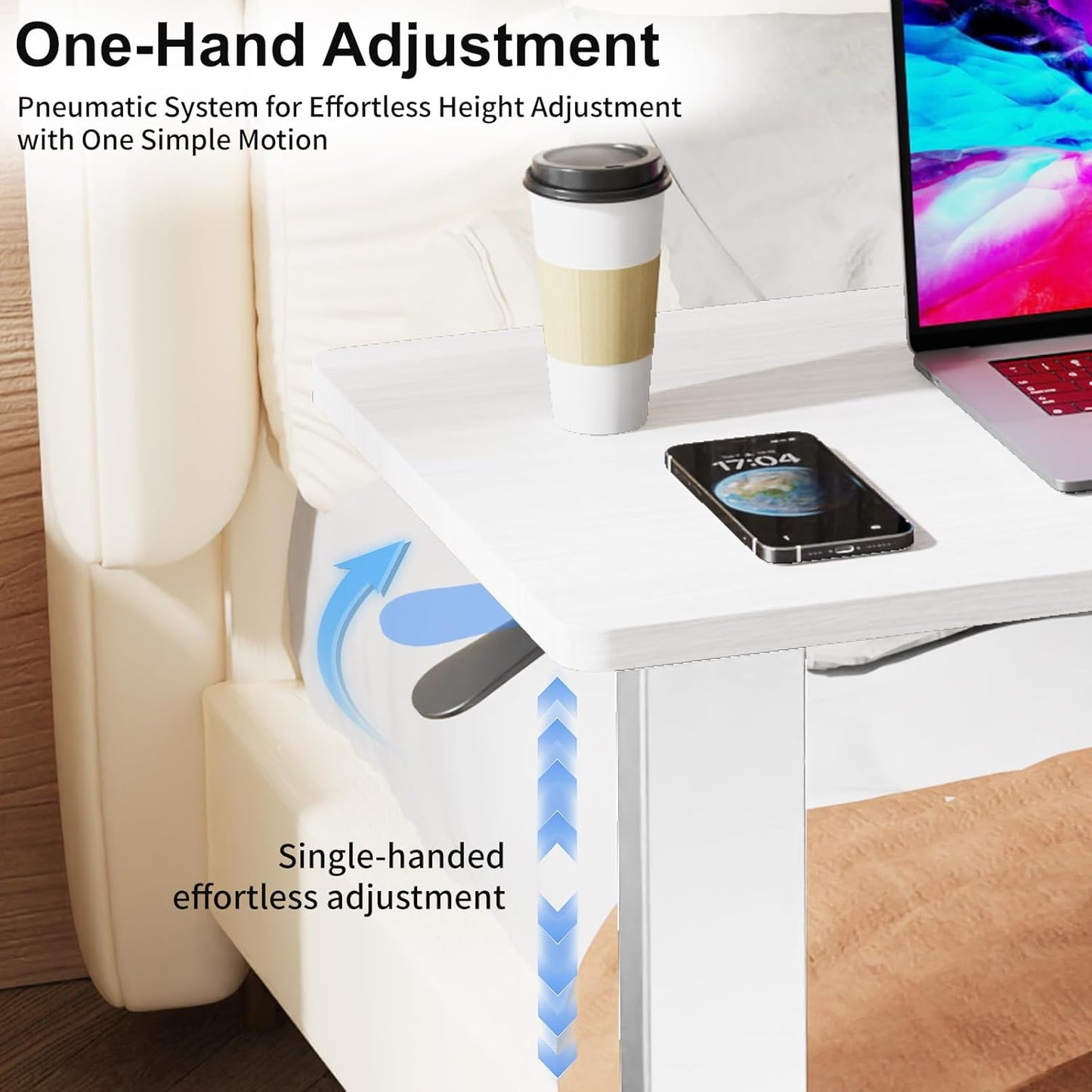 Erinaik Overbed Table with Swivel Hidden Wheels Adjustable Height, Pneumatic Mobile Laptop Bedside Table, Over The Bed Table for Hospital, Office, Home, Study Use