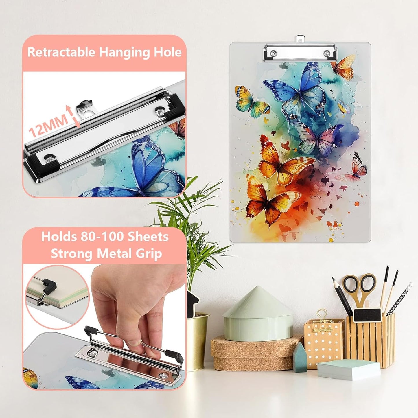 Colourful Butterfly Plastic Clipboards,Cute Fashion Clipboard Decorative 8.5" x 12.5"Standard A4 Size Clipboards,Acrylic Clipboard for Teacher,Social Worker,Students,Nurse,Office Supplies