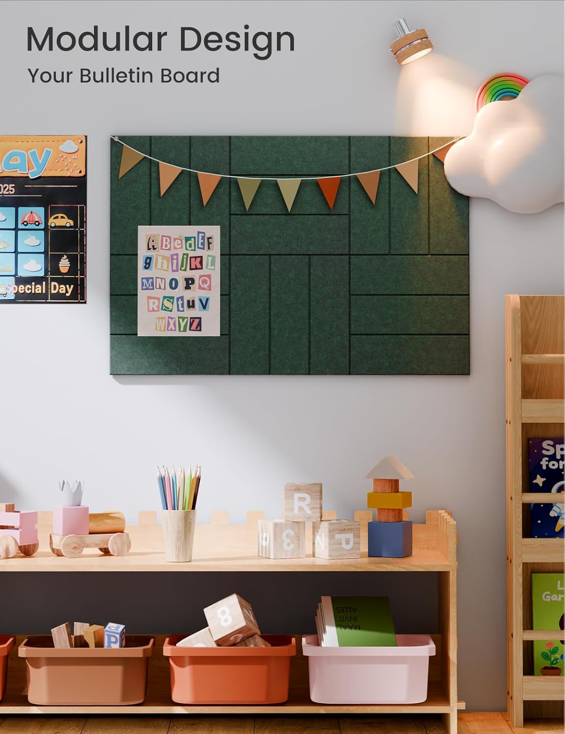 Felt Bulletin Board Tiles -28"x18" with 40 Adhesive Tabs, Cork Board Alternative for Office Decor, Push Pin Board Wall Organizer 6-Pack (Aurora Green)