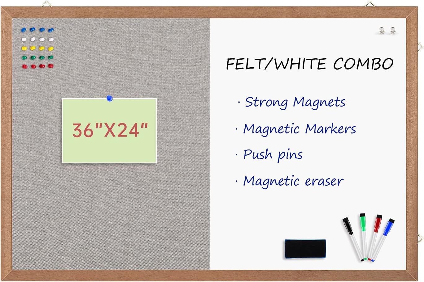 Grey Felt Bulletin/Dry Erase White Combo Board, 36" X 24“ Combination Whiteboard/Bulletin Board, Pin Board with Natural Wood Frame…