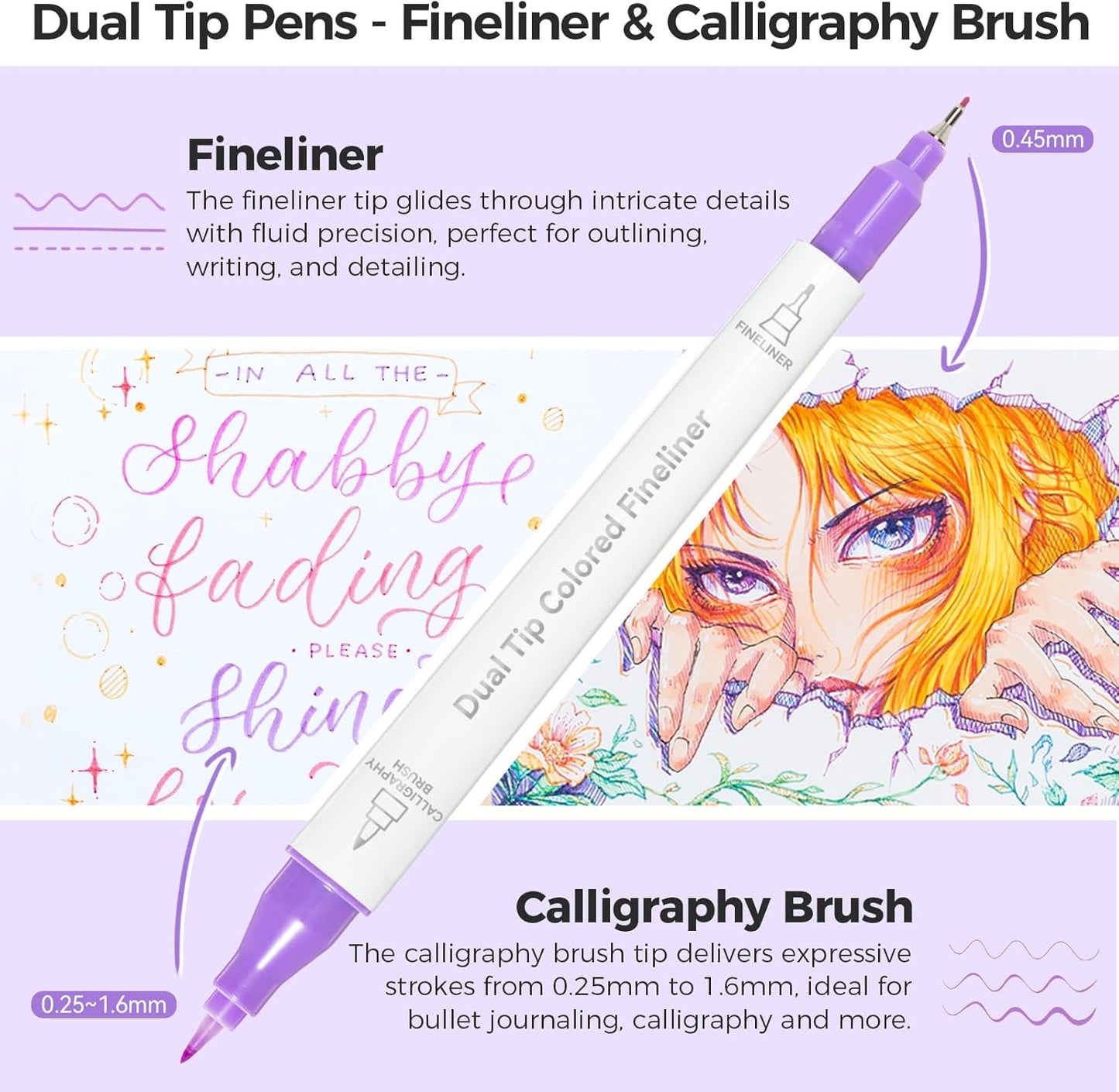 Ohuhu Brush & Fineliner Dual Tips Colored Drawing Pens, 12 Colors Waterproof & Alcohol-proof Brush Micro Pens for Adults Artists & Beginners Drawing Sketching Bullet Journal Outlining Office Class