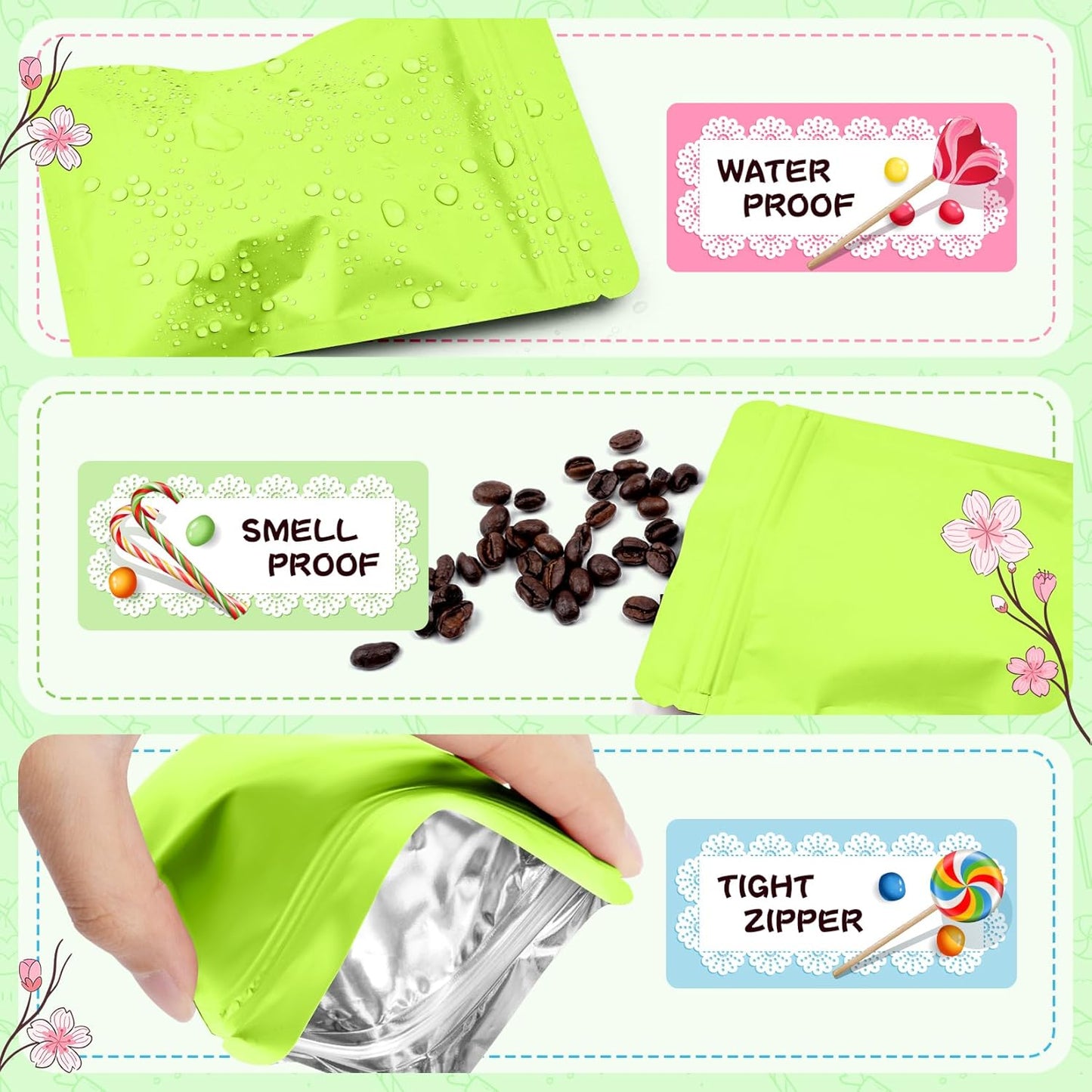 Funfery 100 Pack Green Mylar Packaging Bags Resealable Bags Double Sided Color Odor Proof Pouch Baggies Smell Proof Foil Bag for Food Storage,Small Business(Green,4x6inch)