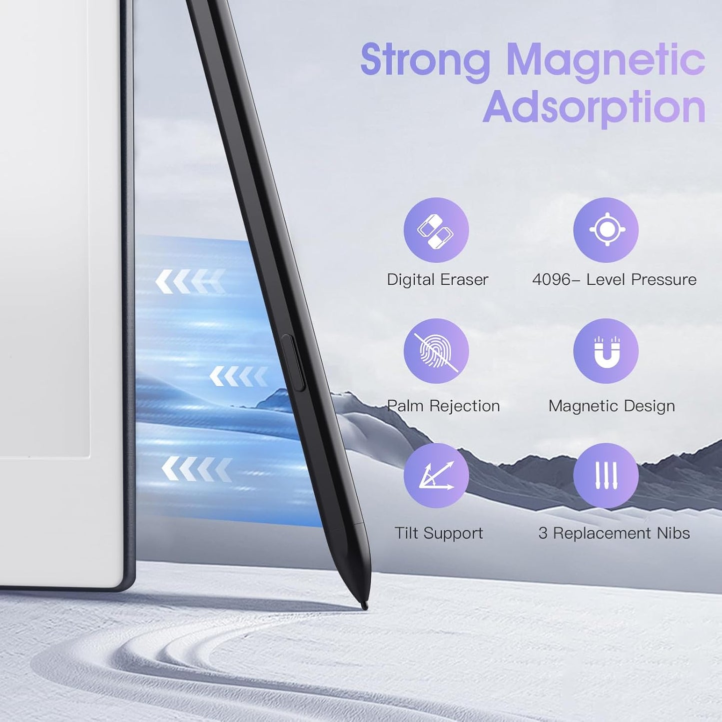 TiMOVO Magnetic EMR Pen Compatible with Remarkable 2, Digital Stylus with Eraser for Remarkable, 4096 Pressure Sensitivity, Palm Rejection, Tilt with 3 Pen Tips, Black