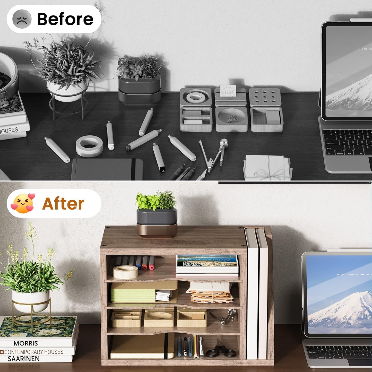 File Organizer Desktop, Wood Desk Organizer with 3 Adjustable Shelves, Mail Paper Sorter for Office, Home, File Holders for Envelopes, Mail Supplies or Magazines, Greige