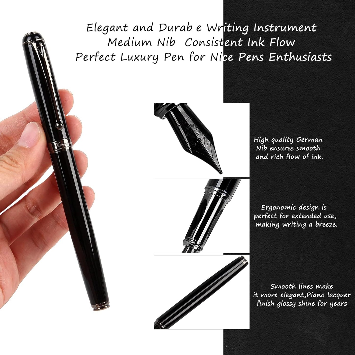 Fountain Pen-Smooth Writing Metal Water Pen with Gift Case Fine Nib Consistent Ink Flow Luxury Pen for Nice Pens Includes a Calligraphy Nib 8 Cartridges a Ink Refill Converter(Grey)