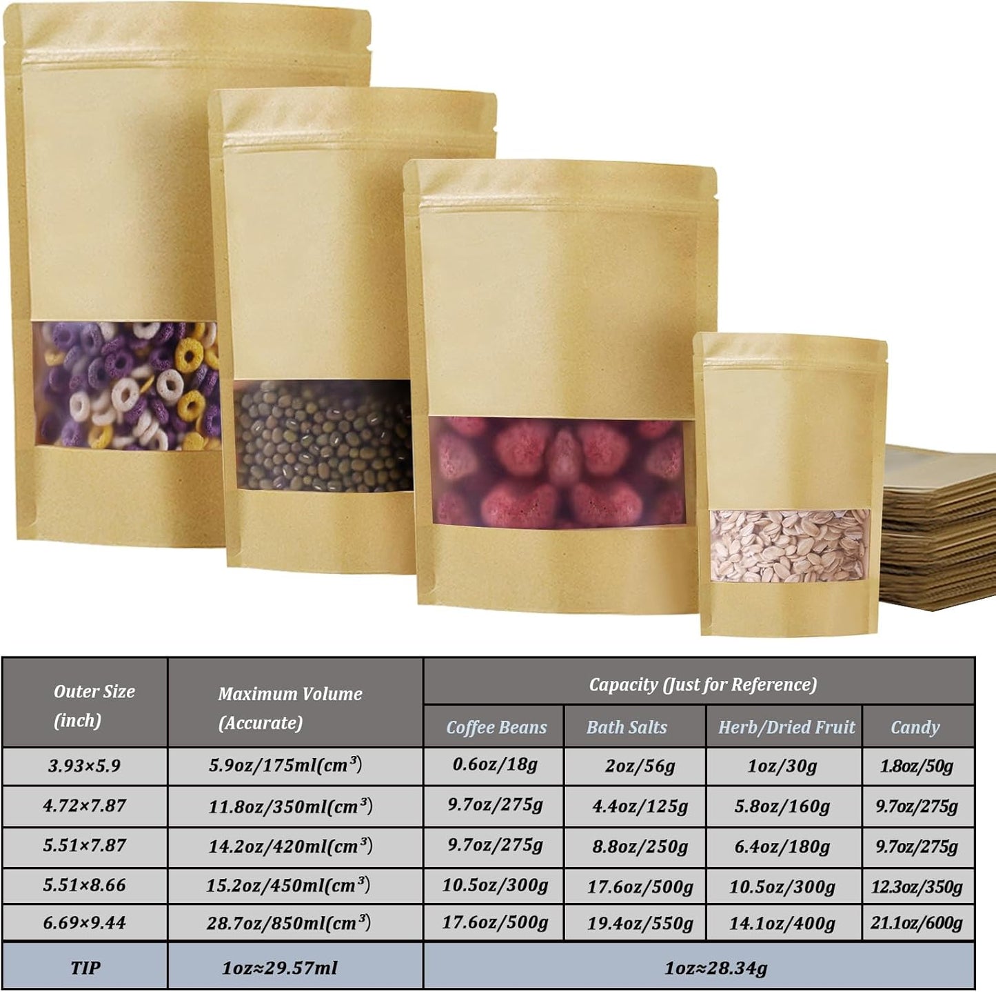 100 PCS Resealable Bags, Stand Up Kraft Paper Bags with Matte Window, Zipper Lock Food Storage Bags for Small Business and Home, 6.69 * 9.44 Inch Reusable Sealable Bags for Packaging