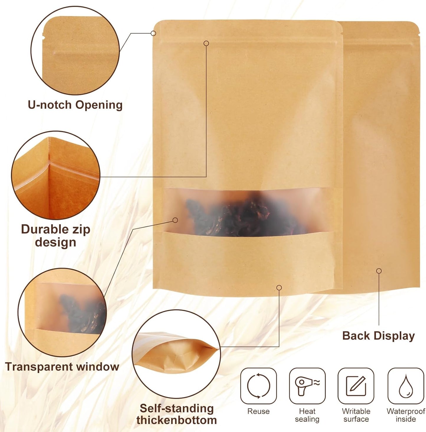 Geosar 300 Pcs Kraft Bags with Window 7 x 10 Inch Kraft Stand Pouches Bulk Zipper Paper Pouches Food Storage Reusable Heat Sealable Bags for Packaging Home Office Business