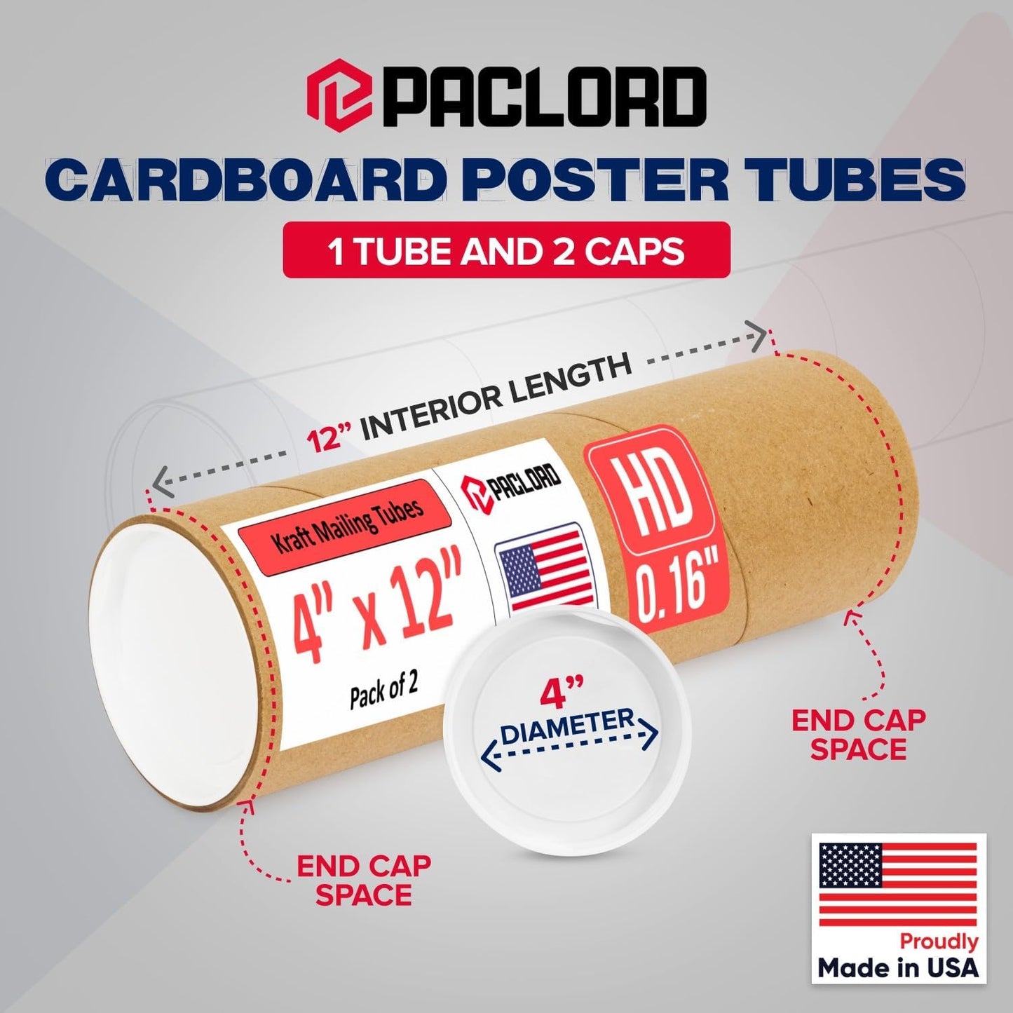 4" x 12" Heavy-Duty Reinforced Cardboard Mailing Tube, Pack of 1 Tube with 2 Caps – Secure USPS Approved – Great for Shipping and Storing of Prints, Artwork, Posters or Documents