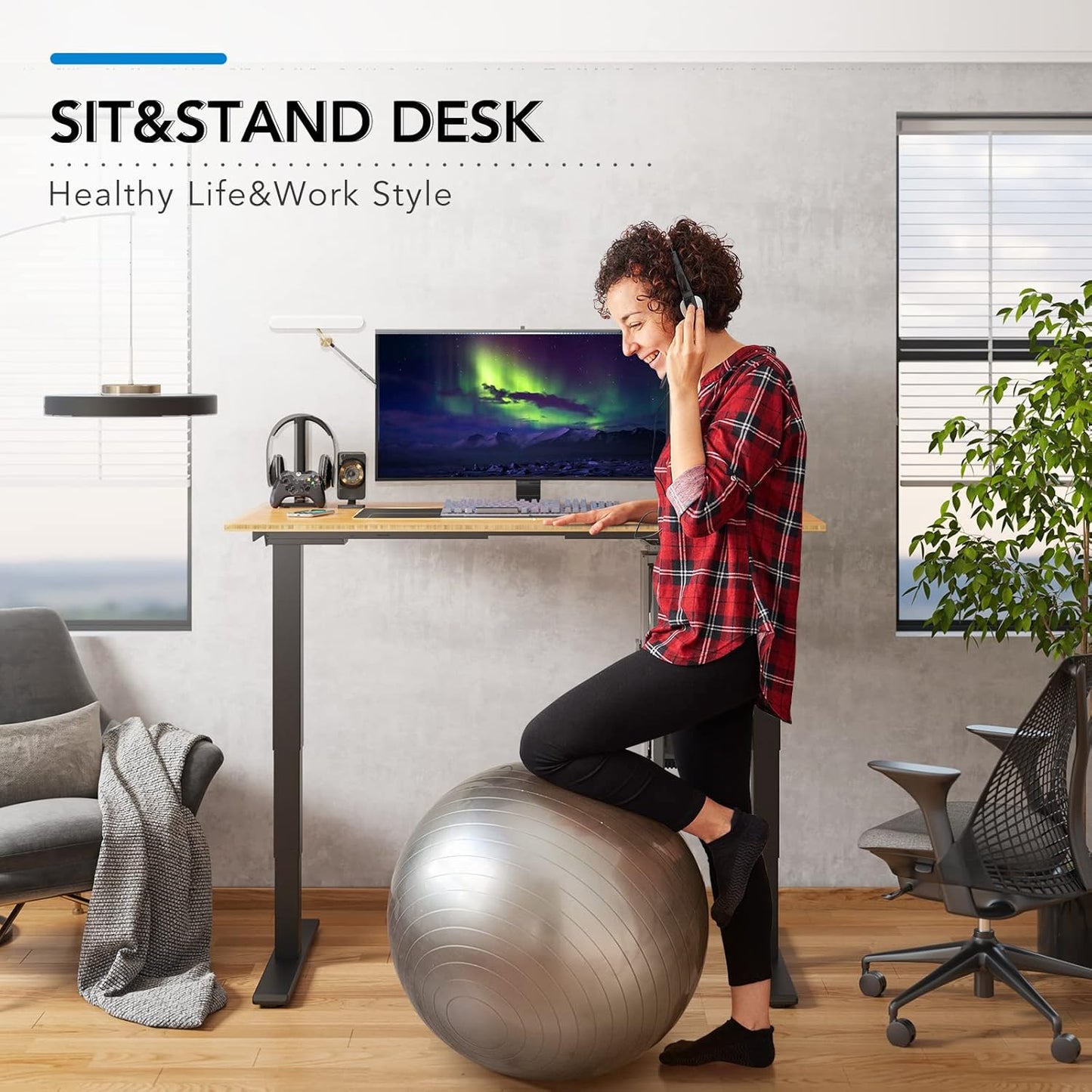 FLEXISPOT E6 Essential Bamboo 3 Stages Dual Motor 72x30 Inch Electric Height Adjustable Standing Whole-Piece Board Desk Sit Stand Up Desk (Black Frame + Bamboo Curved Desktop)