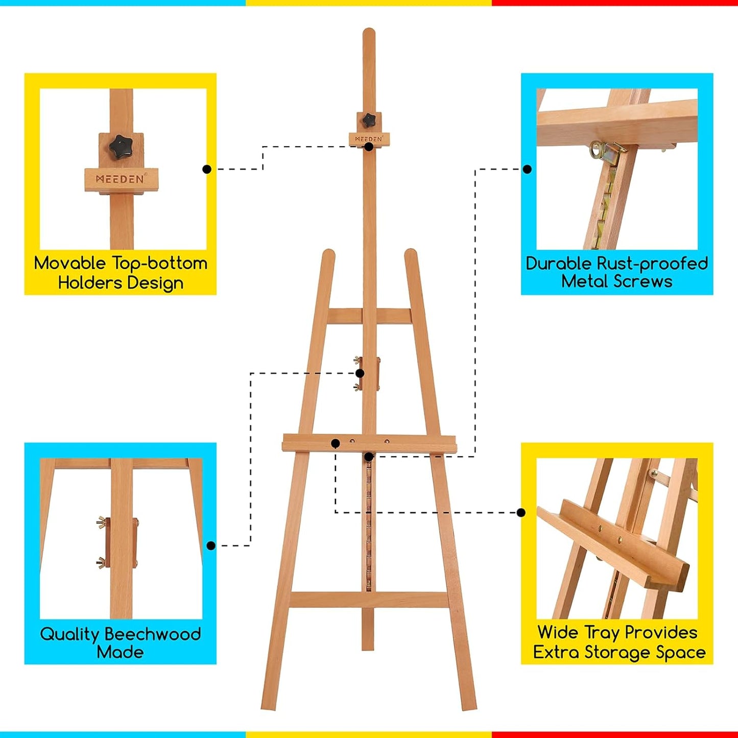 MEEDEN Large Basic Studio Easel: Hold Canvas up to 50'' Solid Beech Wood Artist Easel - Adjustable Height and Working Angles A-Frame Floor Painting Easel for Adults Artist Beginners Students