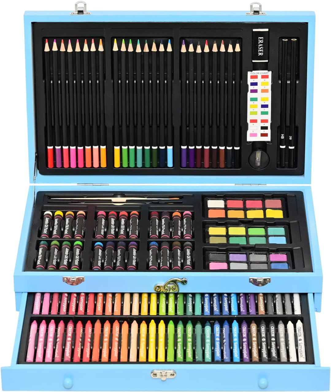 Sunnyglade 145 Piece Deluxe Art Set, Wooden Art Box & Drawing Kit with Crayons, Oil Pastels, Colored Pencils, Watercolor Cakes, Sketch Pencils, Paint Brush, Sharpener, Eraser, Color Chart (Blue)