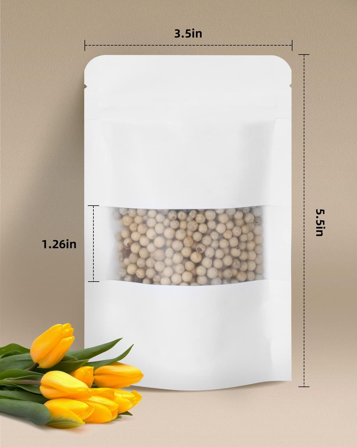 50pcs Kraft Bags with Window 3.5x5.5 Inches White Reusable Sealable Zip Lock Food Storage Stand up Paper Pouches for Home or Business