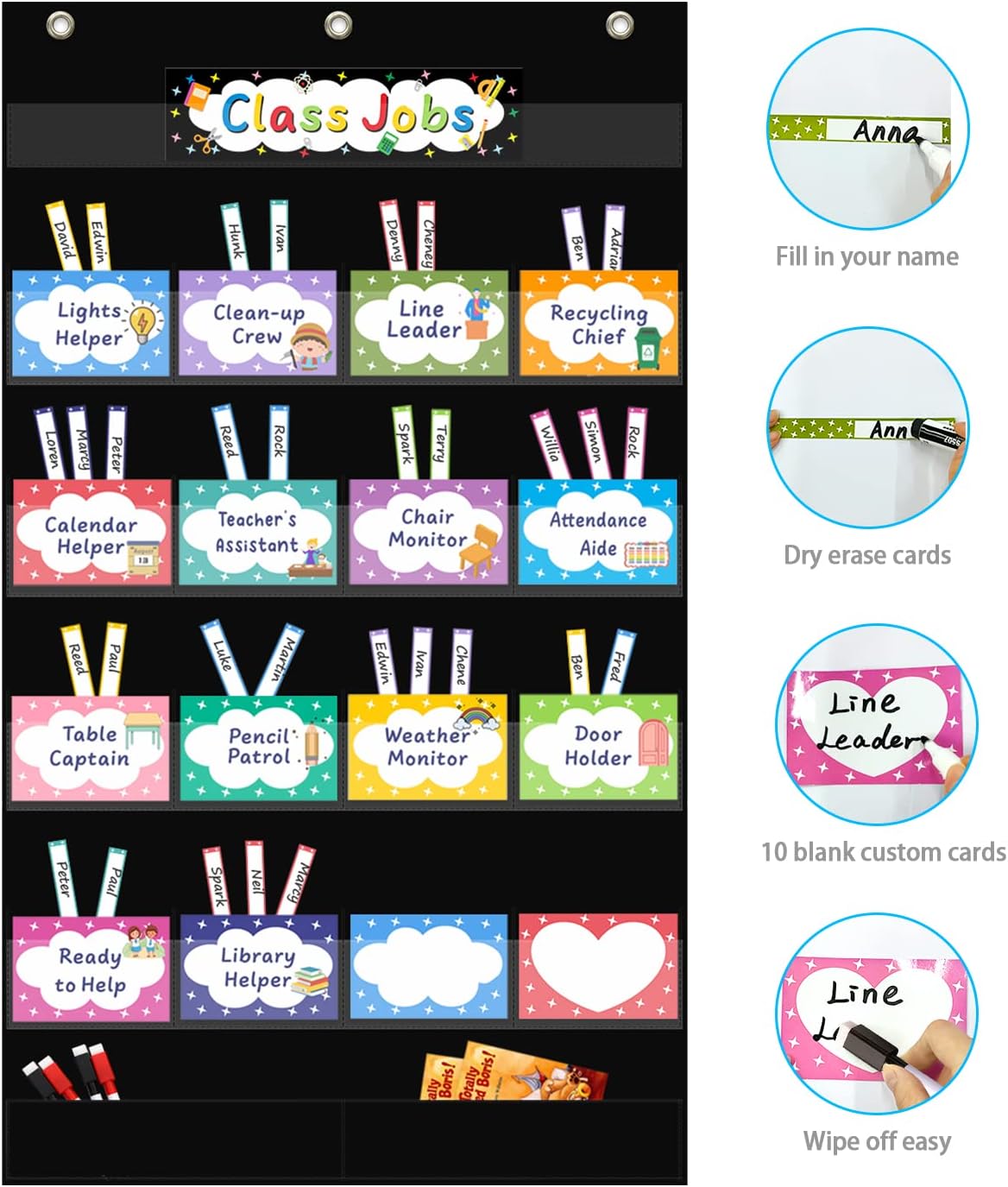 REGELETO Class Jobs Pocket Chart with 17 Pockets and 2 Storage Bags,Class Management Educational Pocket Chart Teacher's Helper Size: 32.6" L x 19.6 H" inch Bulletin Board for Classroom (Black)
