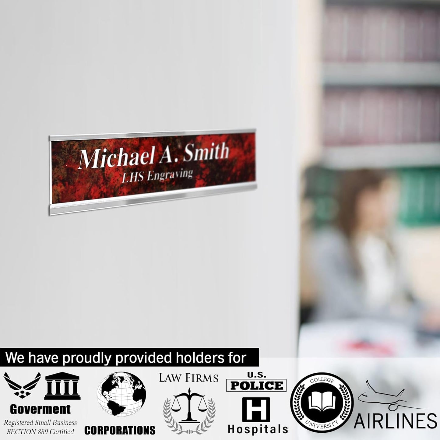 Door Name Plate Personalized for Office Pink Plastic Name Plate Black Letters - Made in USA 2x8 B12