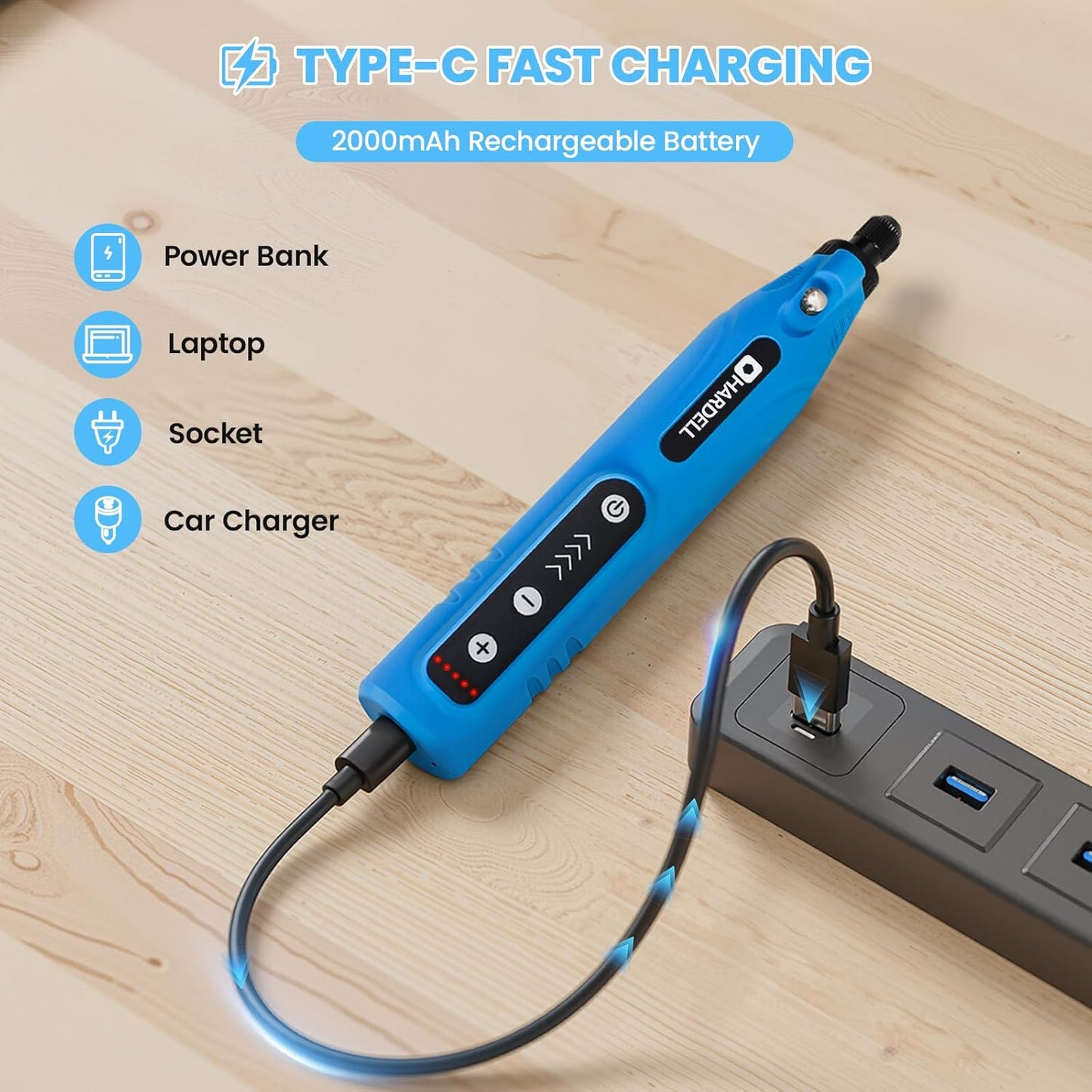 HARDELL Mini Cordless Rotary Tool, 1800RPM 5-Speeds, 2000mAh Rechargeable Battery, 4V Rotary Tool with Multifunctional Accessories for Sanding, Polishing, Carving, Handmade, DIY Creations