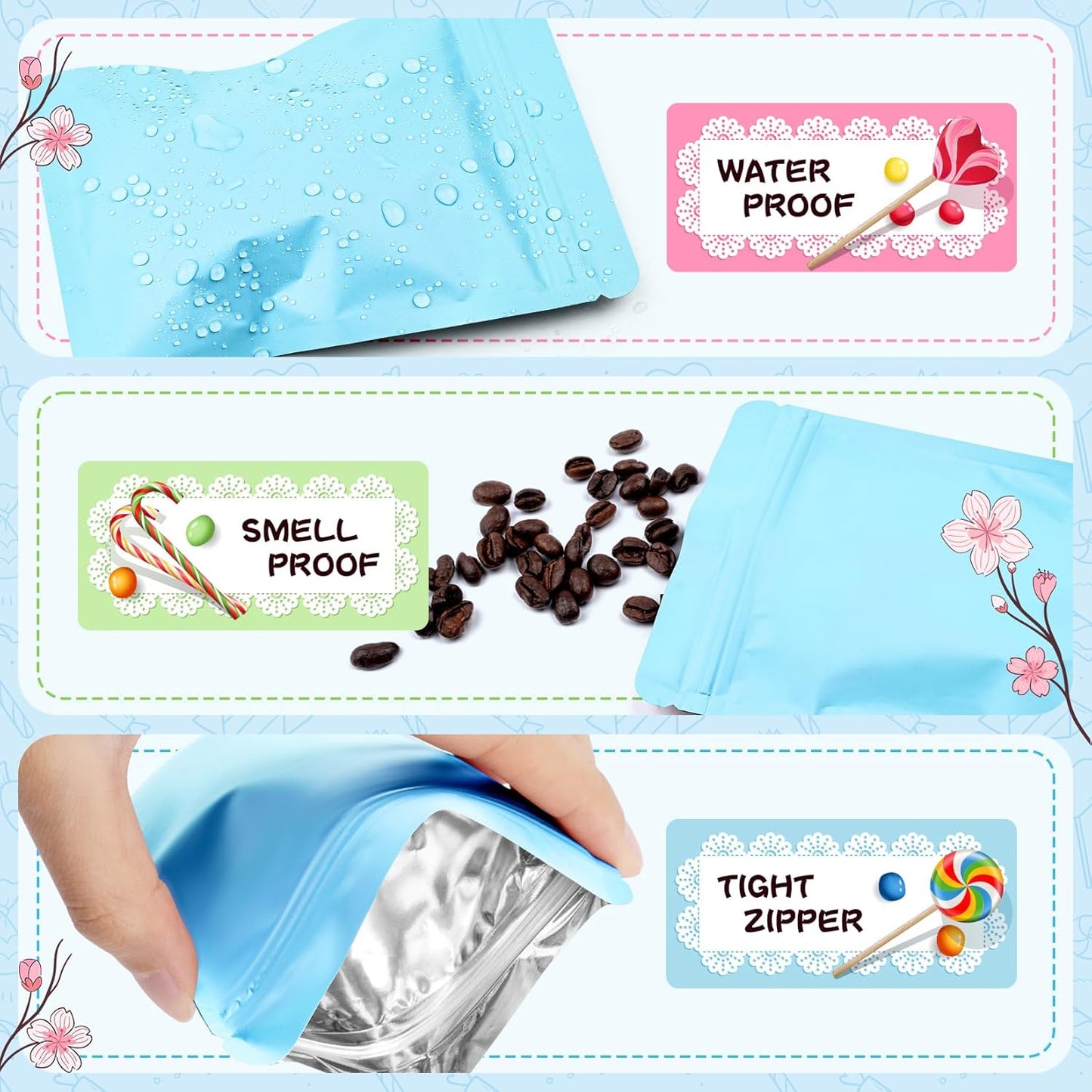 Funfery 100 Pack Blue Mylar Packaging Bags Resealable Bags Double Sided Color Odor Proof Pouch Baggies Smell Proof Foil Bag for Food Storage,Small Business(Blue,4x6inch)