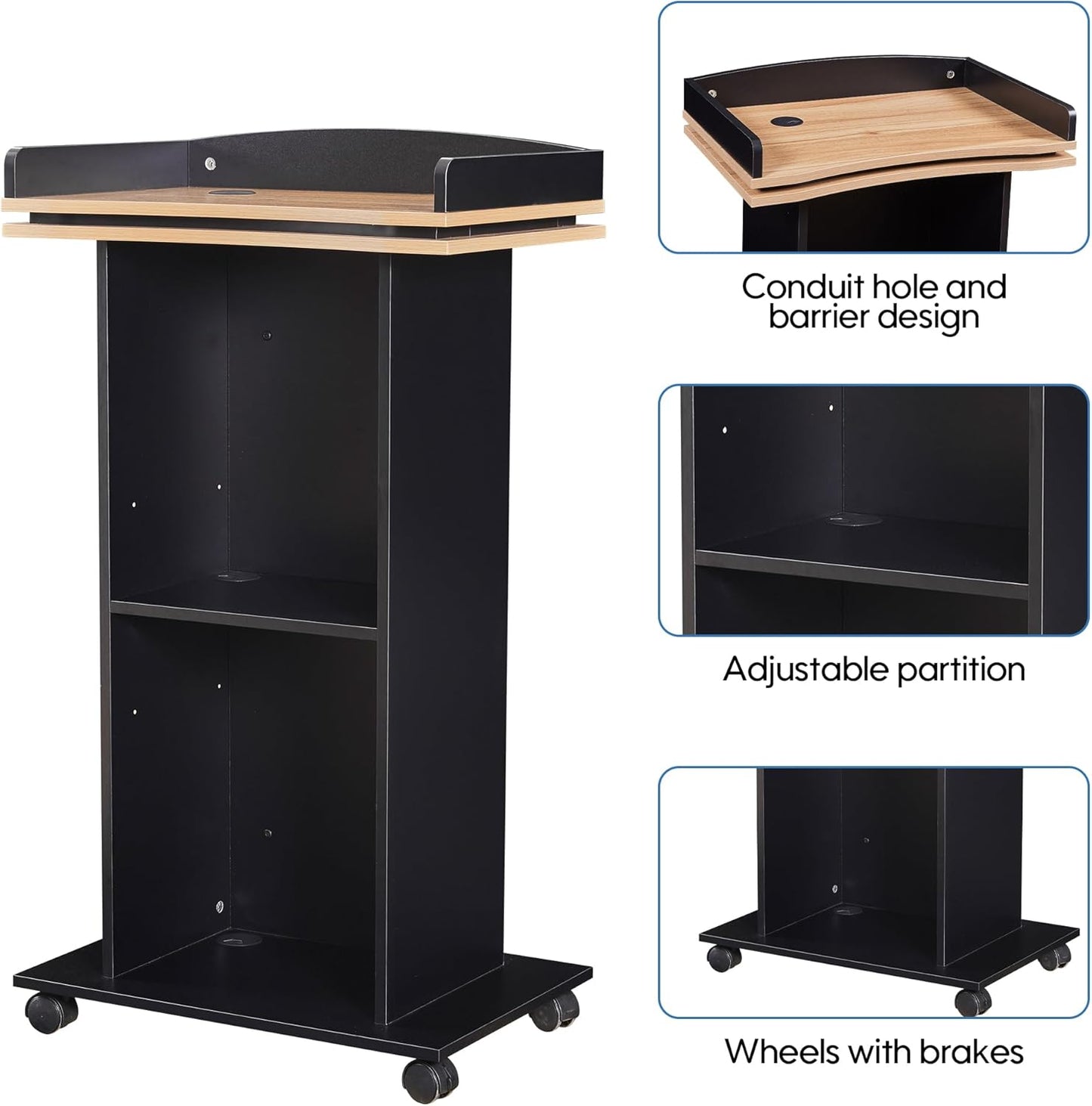 Podium Stand,Wood Podium with Wheels,Lectern with Storage,Mic Stand Space,15MM Particle Board,Wooden Pulpit for Restaurants,Churches,Seminars and Schools