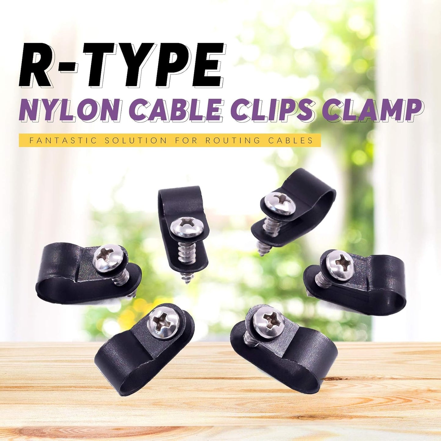 Swpeet 60 Pack Black 3/8 Inch Nylon Plastic R-Type Cable Clips Clamp Kit, Nylon Screw Mounting Cord Fastener Clips with 60 Pack Screws for Wire Management (3/8 Inch, Black)
