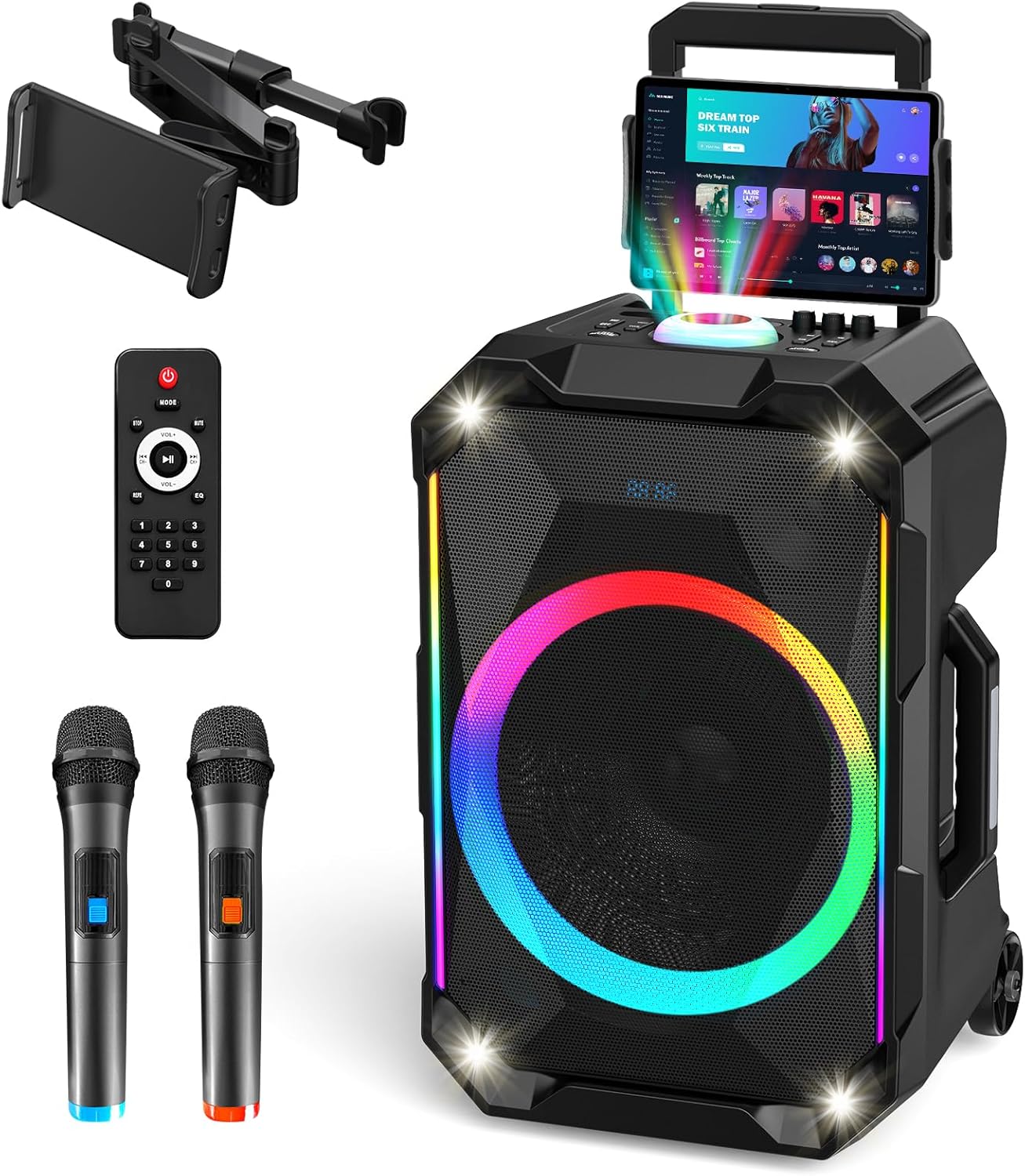 Portable Karaoke Machine for Adults, 12" Big Bluetooth Party Speaker with 2 Wireless Mics for Adults & Kids, 300W Peak Power,Karaoke Microphone with PA System Supports USB/TF/REC/FM/AUX