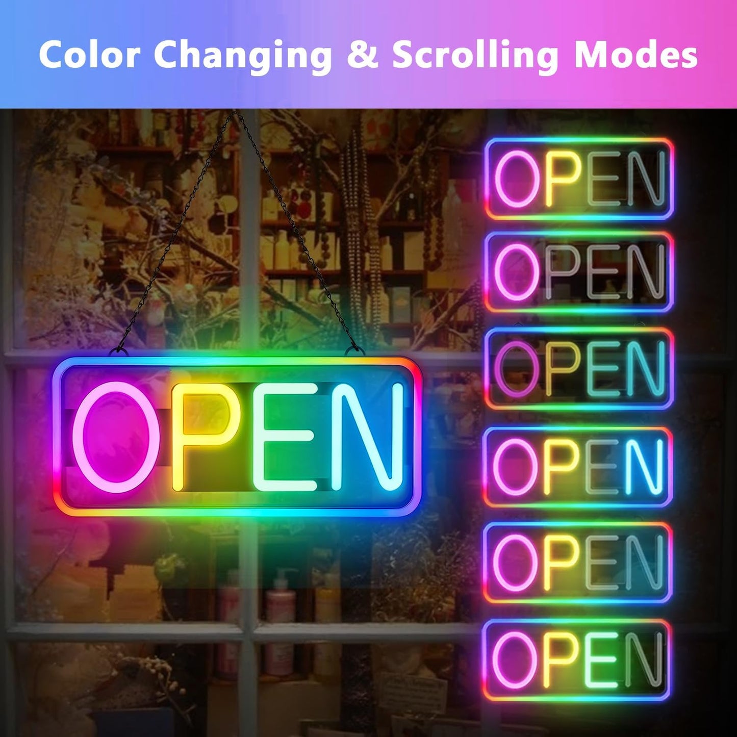 Led Open Sign, 21×10 inch Neon Open Sign with Remote, Color Changing & Scrolling Modes, Adjustable Brightness and Speed RGB Open Signs for Business Bar Restaurant Hotel Storefront Window