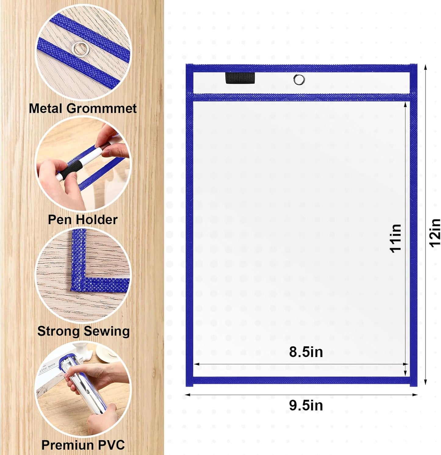 Nezyo Dry Erase Pockets Plastic Job Ticket Holders Shop Holder Order Pockets Clear Sleeves Tickets Folders Plastic Sleeves Paper Teacher Supplies for Classroom(12 x 9.5 in,Blue,50 Pcs)