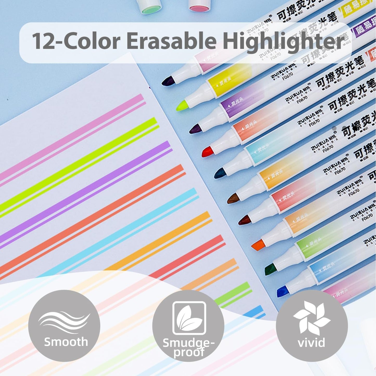 Erasable Highlighters Chisel Tip,Double Head for Highlighting and Erasing,No Bleed Highlighter for bibles, Smooth Writing for Highlighting and Marking,Assorted Colors, 12 Count(EH-01)