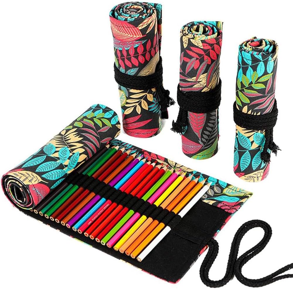 DIYOMR 12/24/36/72 Slots Pencil Wrap Pencil Rolls, Artist Colored Pencil Roll Up Bag Short Brush Pouch Case Pencils Organizer for Drawing Coloring and Sketching, No Pencils (Colorful Leaves, 12slots)