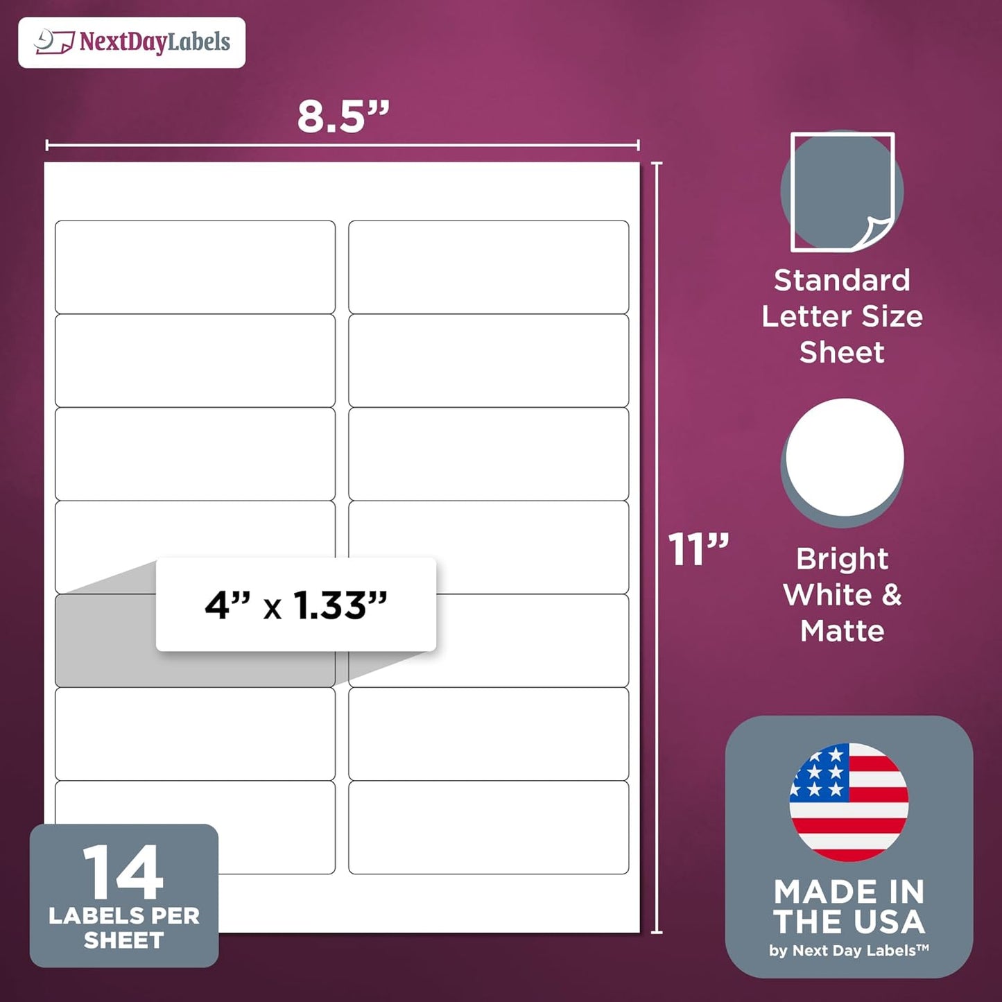 NextDayLabels – 4" x 1-1/3" Rectangular Sticker Labels for Printer - White Laser/Inkjet Printer Labels Return Address Labels Shipping Label Stickers (100 Sheets, 14 Per Sheet, 1400 Labels)