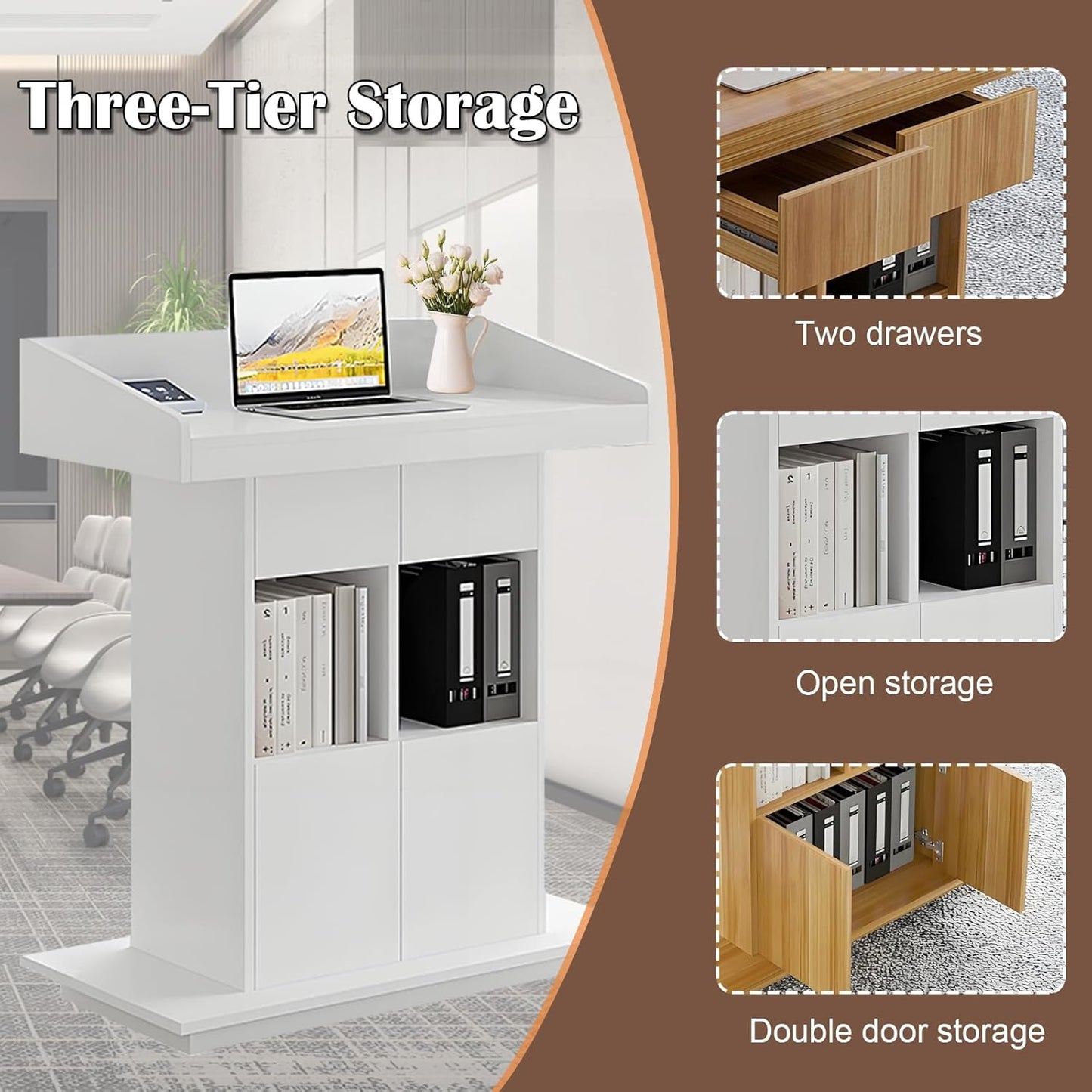 Solid Wooden Podium Stand Podiums for Classroom Lectern Podium Stand Wood Church Pulpit with 3 Levels of Storage and Heightened Baffles (White, 31.5in)