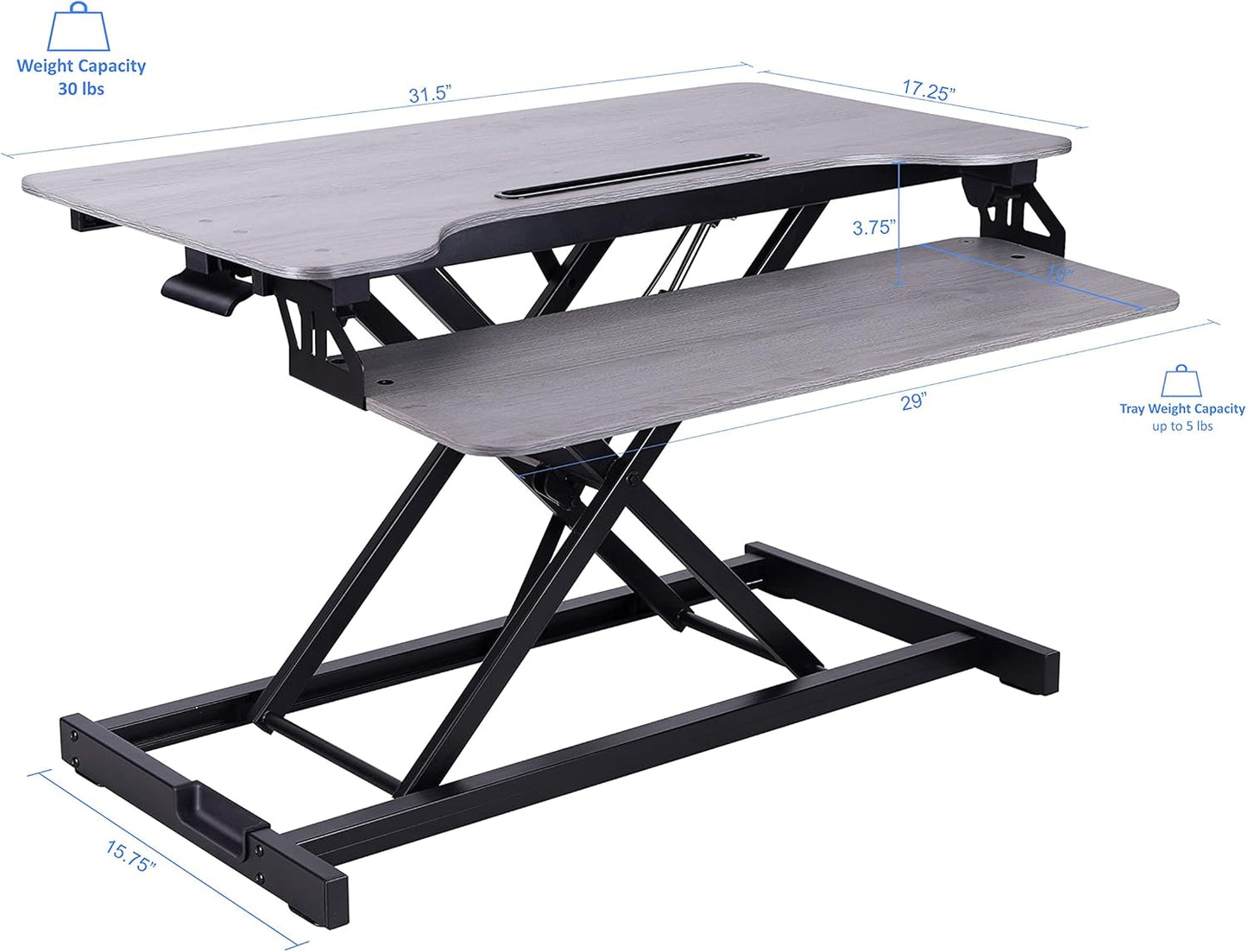 Rocelco Standing Desk Converter 31.5 Inch Sit Stand Up Dual Monitor Tabletop Riser with Tablet Mount, Height Adjustable Home Office Workstation - Deep Keyboard Tray for Laptop Mouse - Gray (R VADRG)