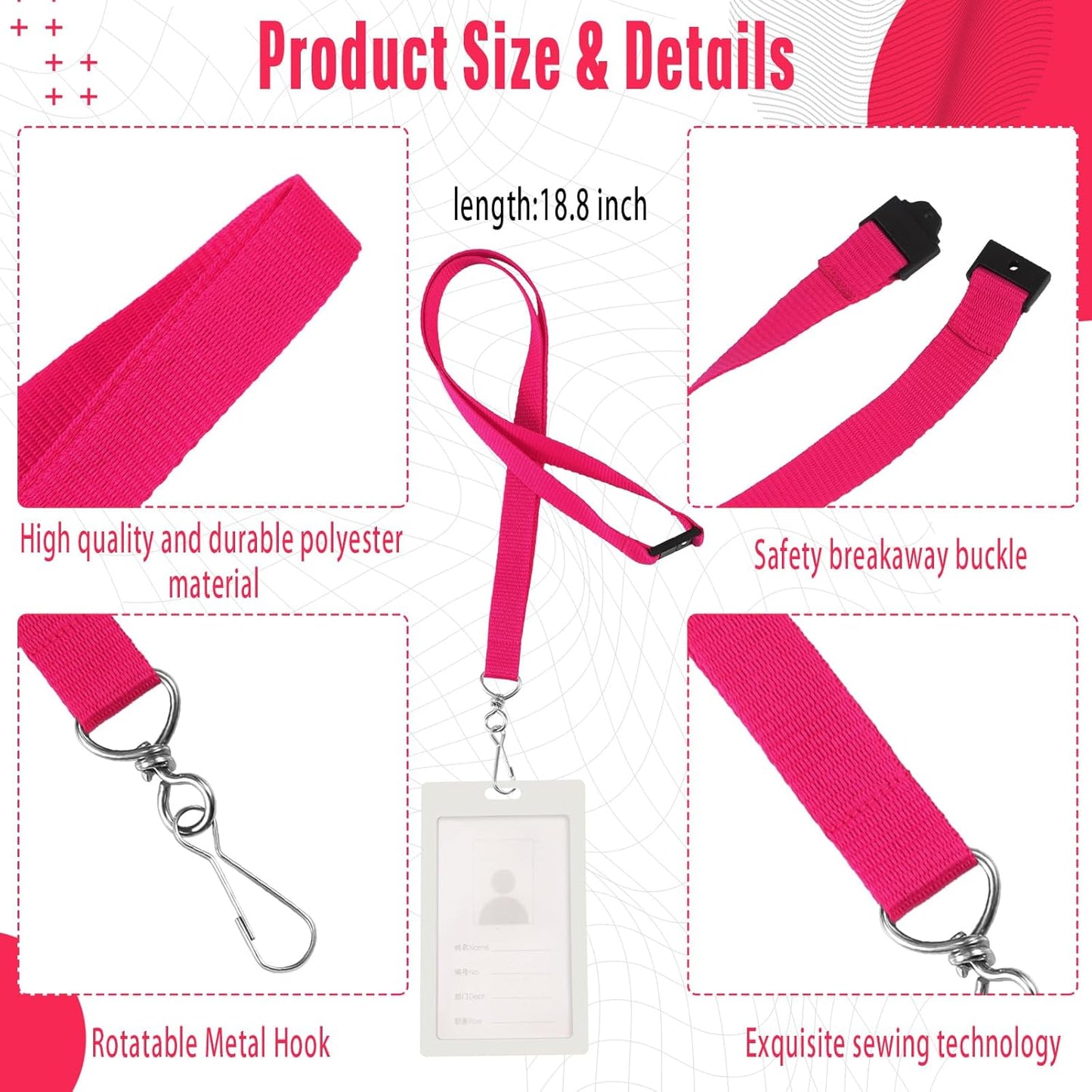 Patelai 60 Pcs Breakaway Lanyards with J Hook Bulk Flat for ID Badges Neck Badge Lanyards Card Nametag Holder Neck Straps (Hot Pink)