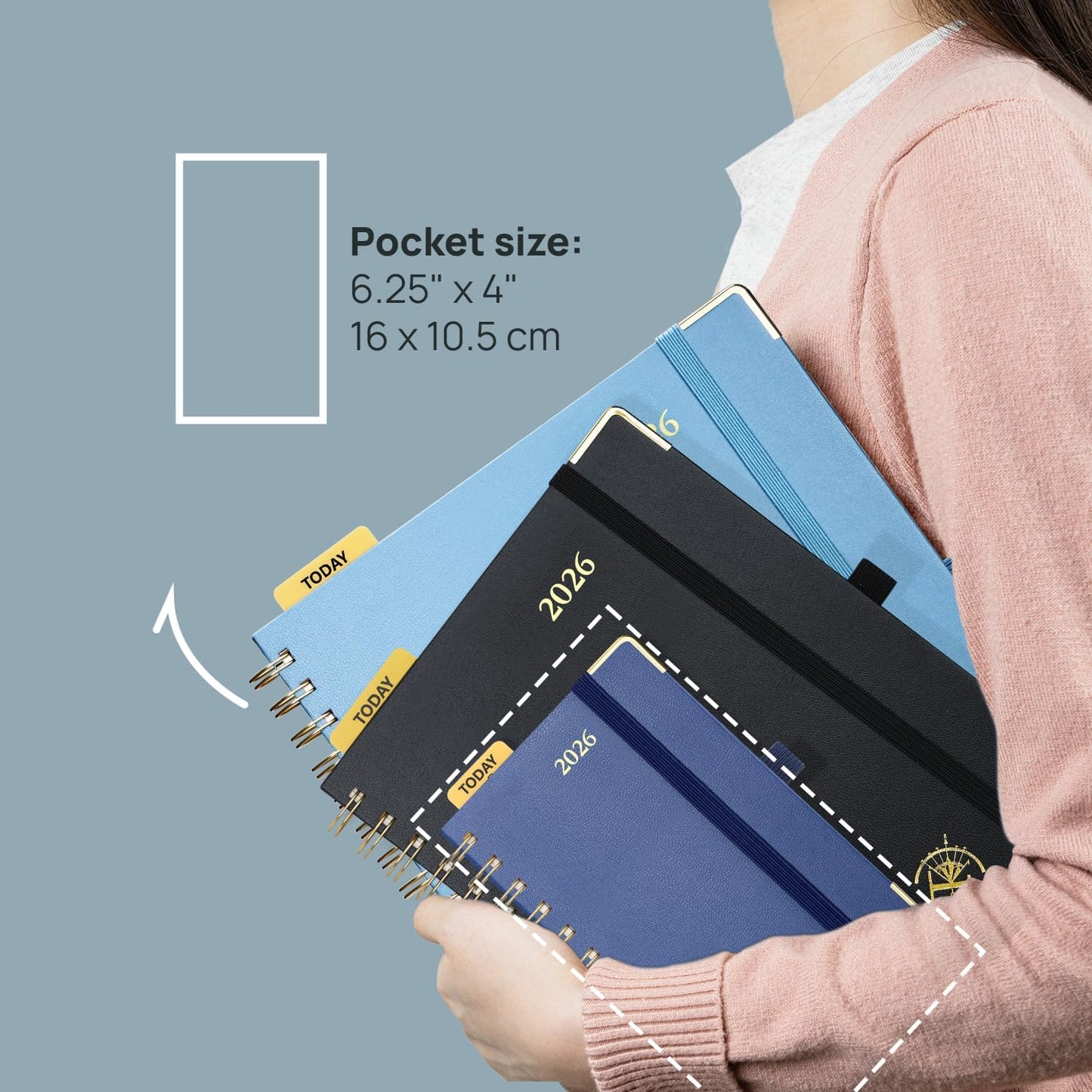 POPRUN 2026 Planner (Pocket Size 4''x 6.25'' Wire-Bond Hard Cover) Calendar Weekly and Monthly (Jan.2026-Dec.2026) Small Planner with Hourly Time Slots, for Purse, 100 GSM - Orange