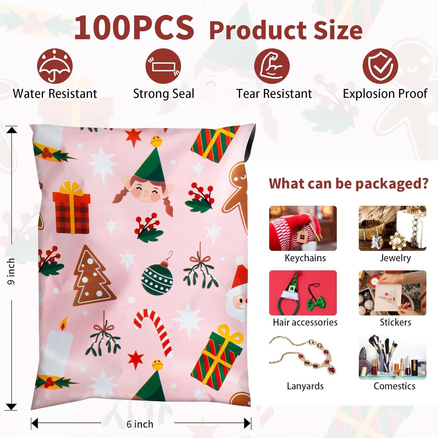 Oududianzi Christmas Mailers 6x9, 100 Pack - Holiday Poly Mailers, Shipping Bags