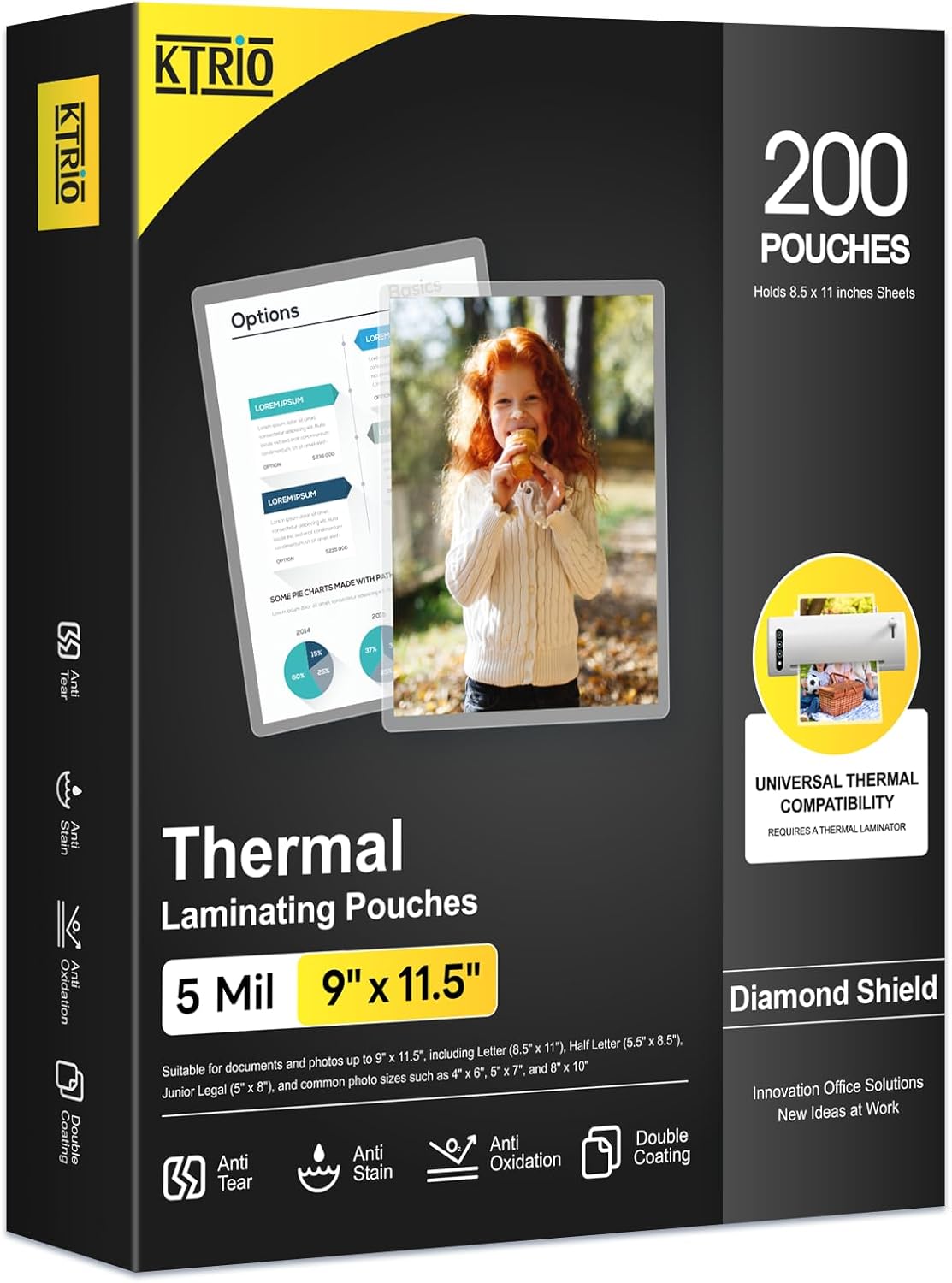 KTRIO Laminating Sheets 5 Mil, Hold 8.5 x 11 inches Sheet, 200 Pack Clear Thermal Laminate Pouches for Laminator, 9 x 11.5 inches Lamination Sheets, Home Office School Supplies