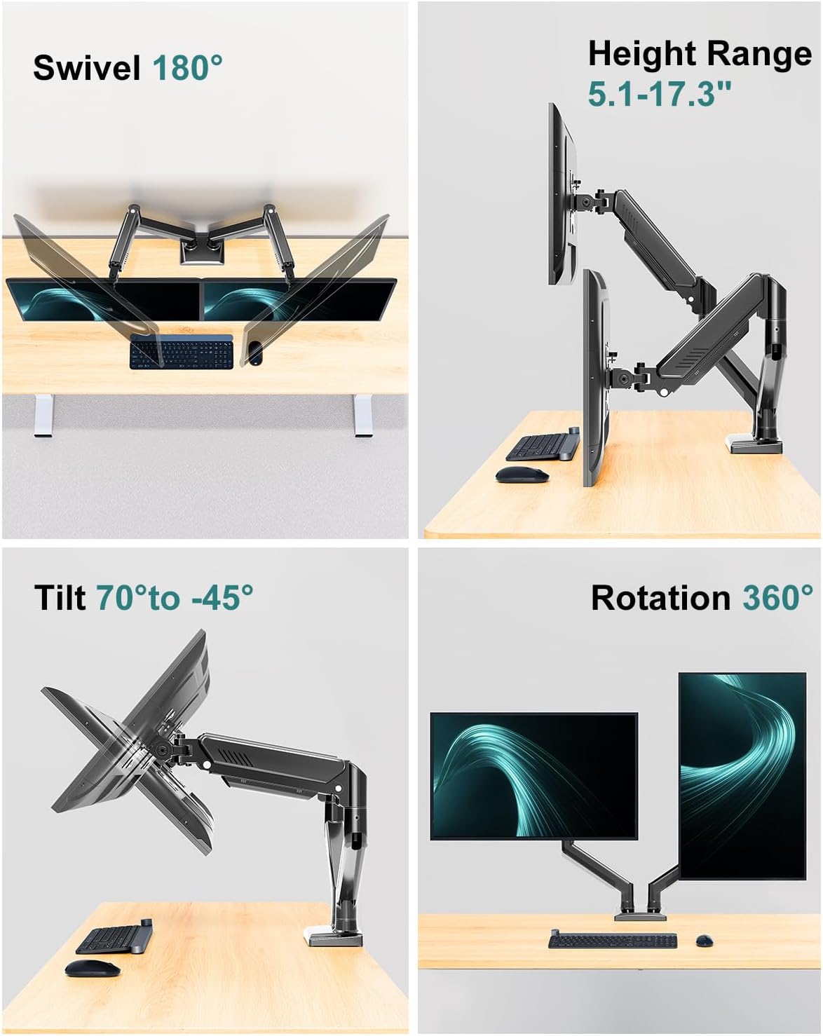 Dual Monitor Arm Desk Mount Fits 13 to 32 inch Computer Screens, Holds 4.4 to 22lbs Display VESA Mount, Adjustable Double Monitor Stand with Clamp/Grommet Base, 75/100mm Bracket, Black, Freelift