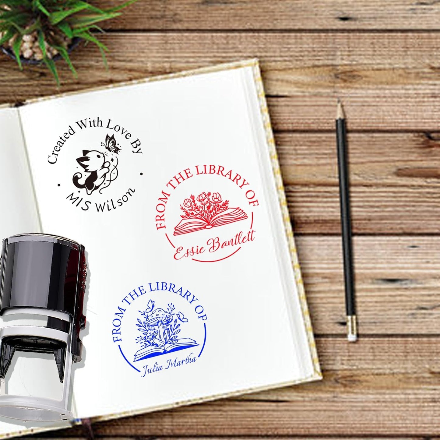 Personalized Book Embosser Stamp with Handle Set, Custom Self-Inking Library Stamp with Name & Design, Elegant Invitation Seal from Library Stamp Kit, Birthday, Book Lover Gifts （Mushroom）