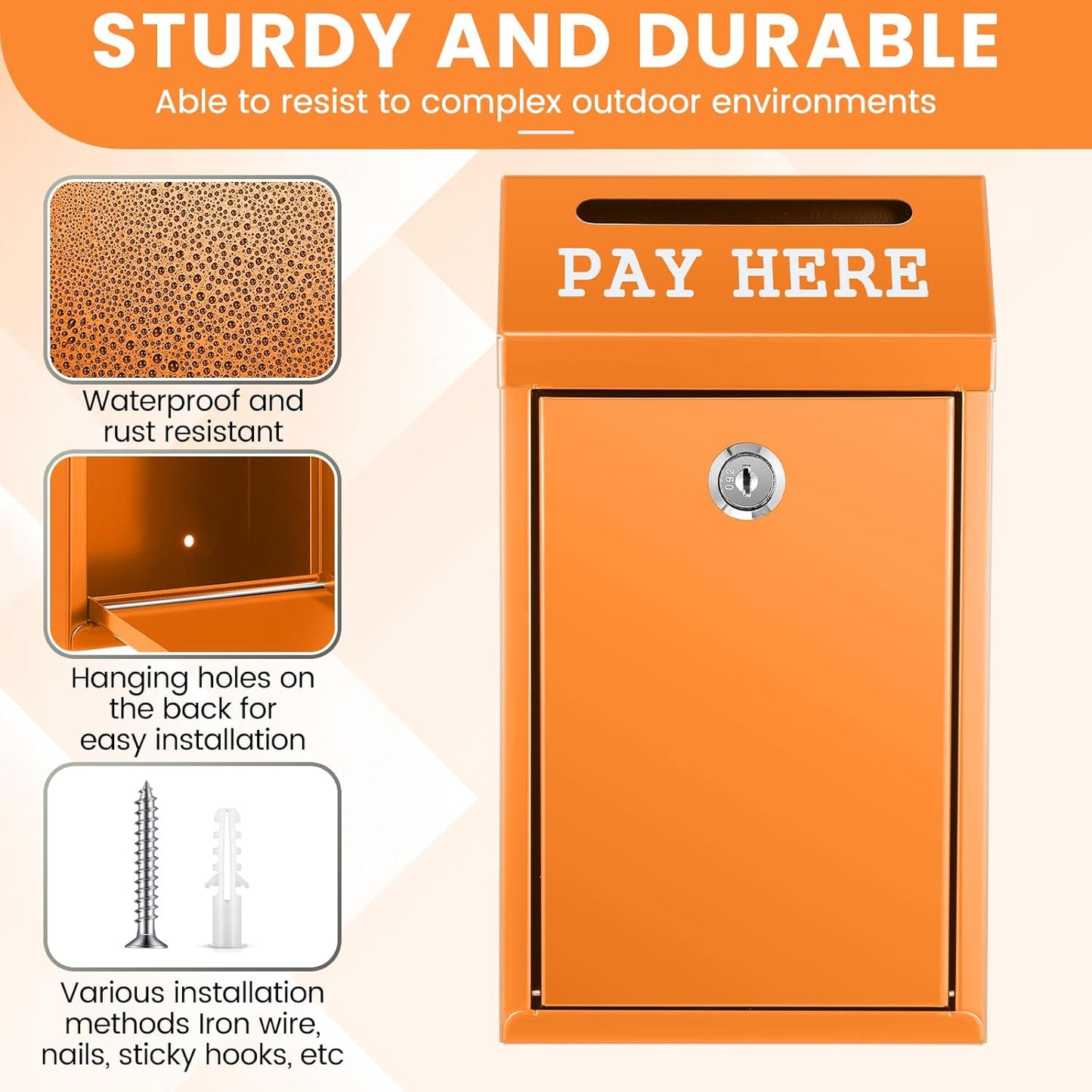 Safe Cash Box Money Collection Metal Donation Box with Lock Wall Mount Pre Drilled Mailbox Delivery Ballot for Home Office Outdoor Self Serve Stand(Orange,10.2 x 5.7 x 2.8 Inch)