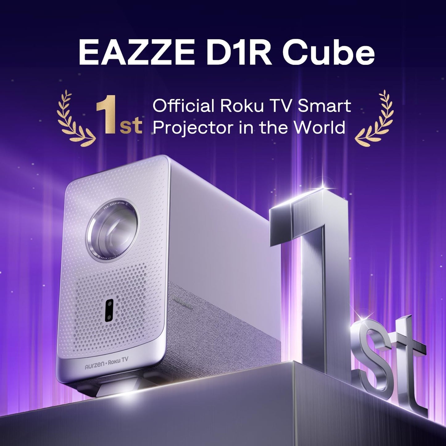 Aurzen Roku TV Smart Projector with Wifi and Bluetooth, D1R Cube Roku Streaming Experience Built-in, Sealed Optical Engine, 1080P FHD, Dolby Audio, Portable Projector for Home/Outdoor Movies Gray