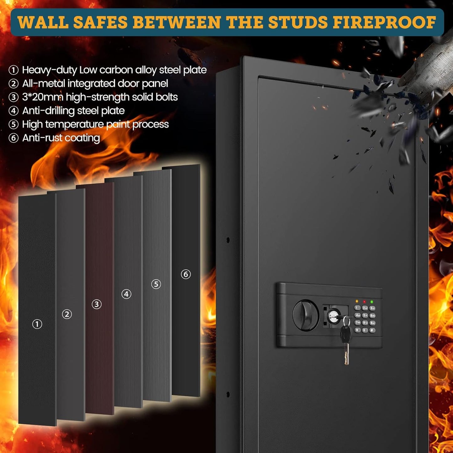 43.5" Tall Fireproof Wall Safe Between Stud, Heavy Duty Flush In Wall Safe With Digital Keypad & Removable Shelf, Hidden Gun Safe, Security Home Wall Safes For Storage Firearms Money Medicine