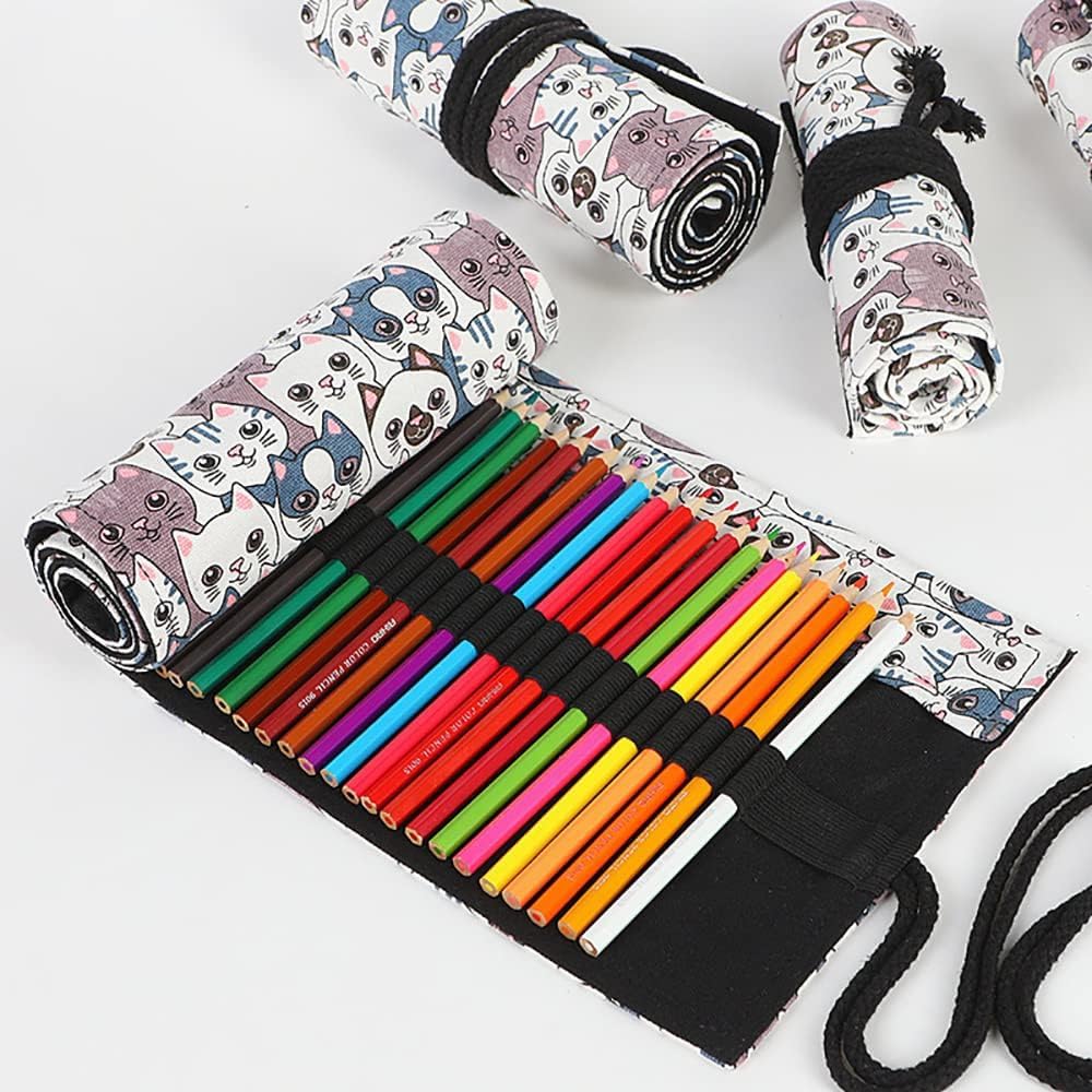 DIYOMR 12/24/36/72 Slots Pencil Wrap Roll, Artist Colored Roll Up Bag, Short Brush Pouch Case Organizer for Drawing Coloring and Sketching, No Pencils (Big Headed Cat, 12slots)