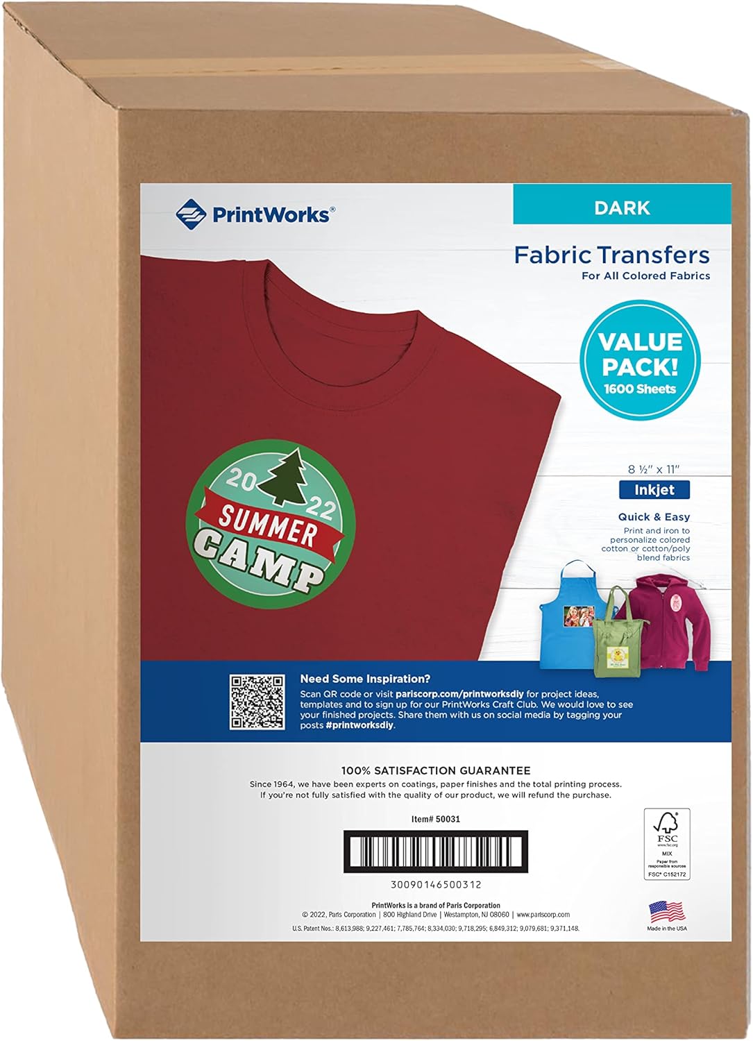 PrintWorks Iron on Heat Transfer Paper for Inkjet Printer - Printable Heat Transfer Vinyl for Dark Fabric (Printable HTV) - 8.5" x 11" - 1600 Sheets - Made in The USA - Iron on Vinyl (50031)