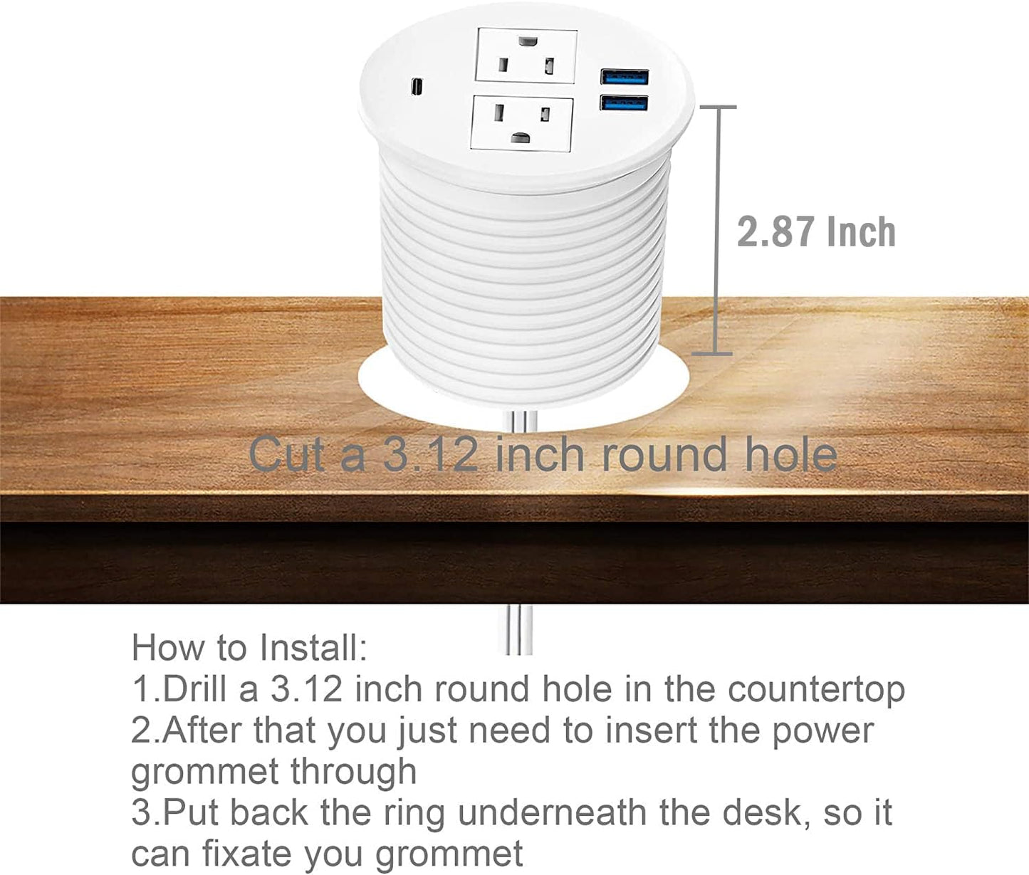 Kungfuking Desktop Power Grommet with PD 20W USB C,Recessed Power Strip with USB Port, Desk Outlet Socket with USB C,2 AC Outlets and 3 USB Charging Port 6.56 FT Extension Cord