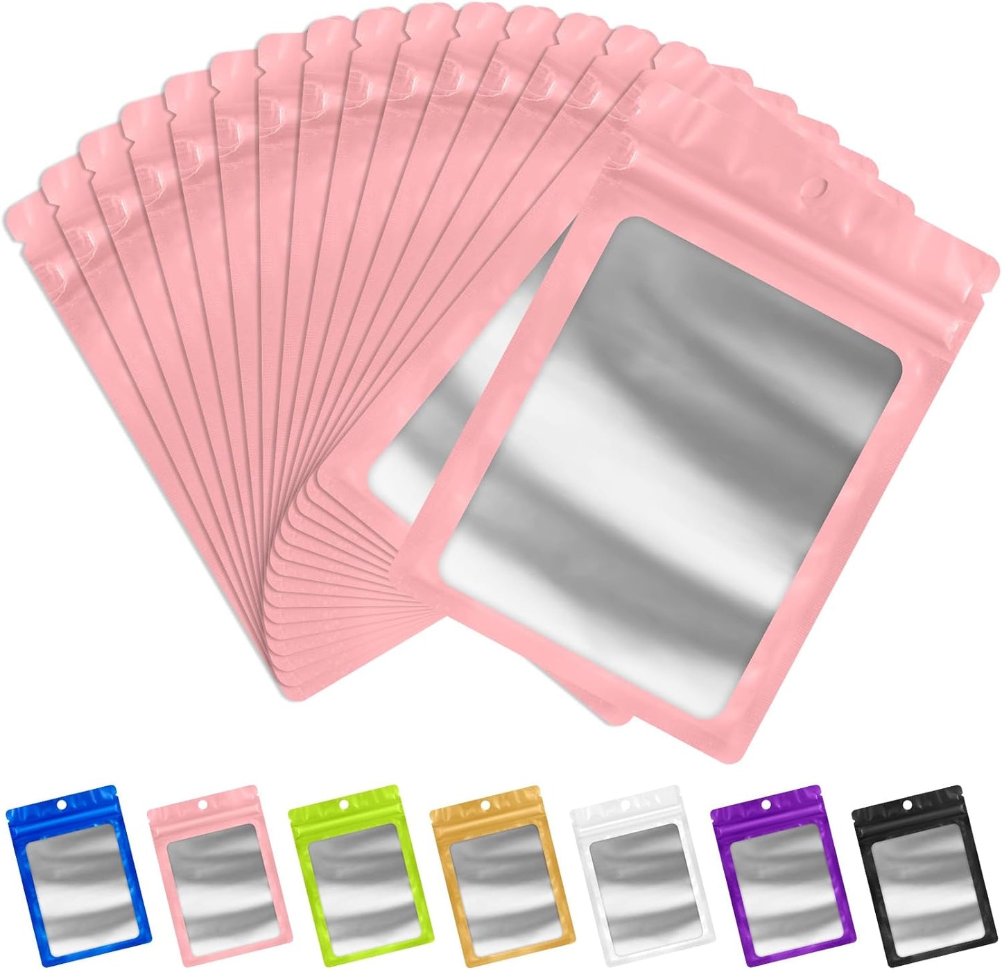 FUNFERY 100 Pack Mylar Resealable Bags Foil Packaging Bags with Clear Window,Zipper Pouch Smell Proof Bag for Food Storage,Cookies,Sample,Small Business(Pink,5.1x8.3inch)