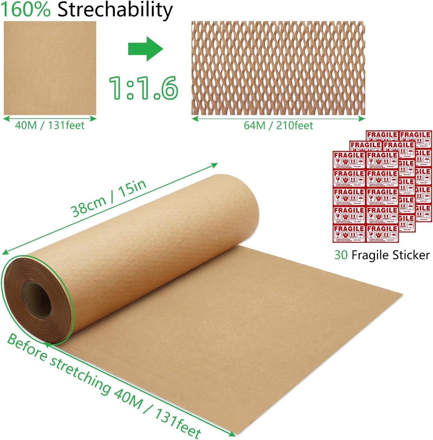 Honeycomb Packing Paper PINENUTS 15" x 131' Eco Friendly Packing for Moving Recyclable Honeycomb Paper Bubble Wrapping with 30 Fragile Sticker Labels and 66fthemp rope (Brown)
