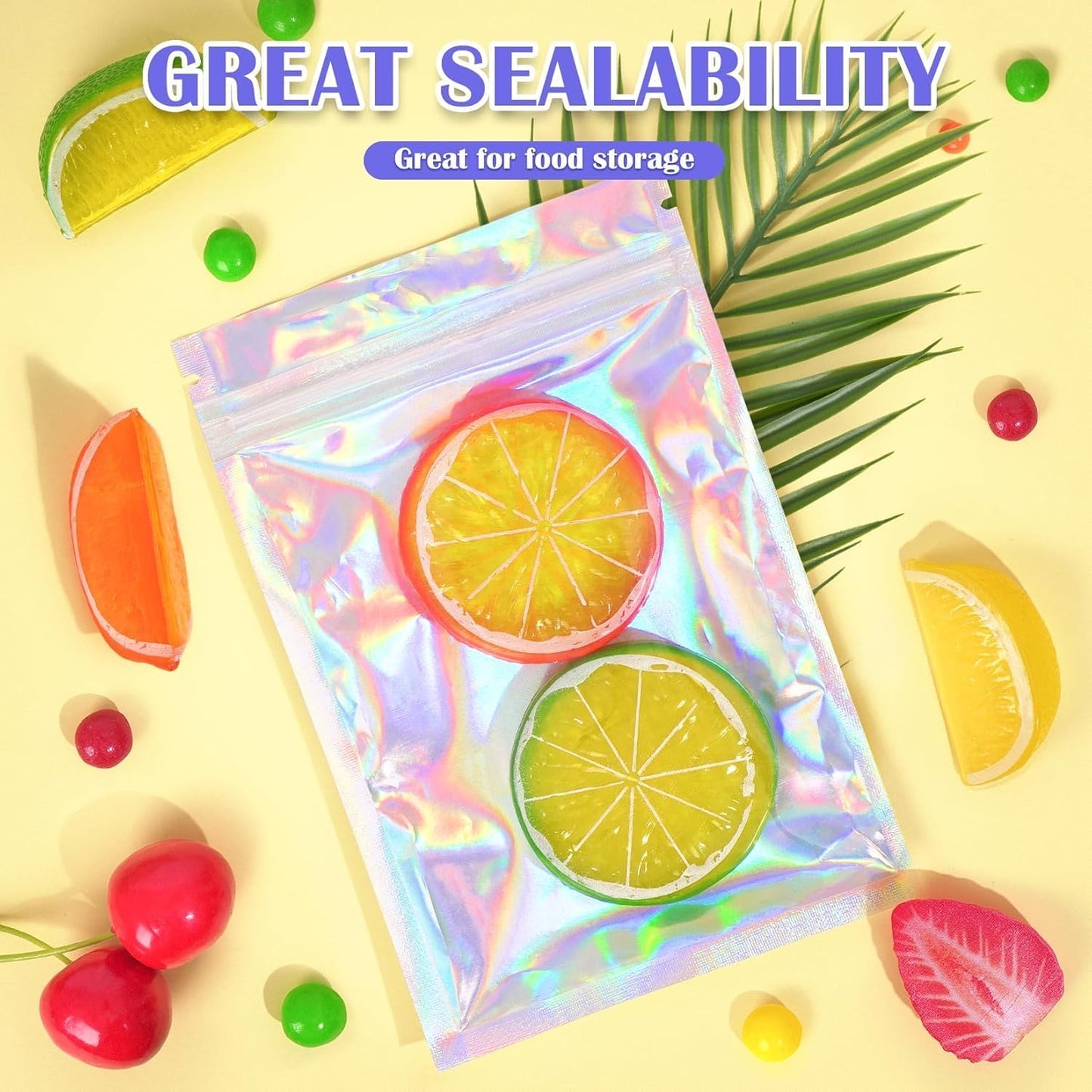 300 Pcs Mylar Bags, Smell Proof Bags Foil Pouch, Holographic Resealable Bags for Small Business, Candy Sample Jewelry Bag Sealable Packaging for Party Favor Food Storage (4x6in)