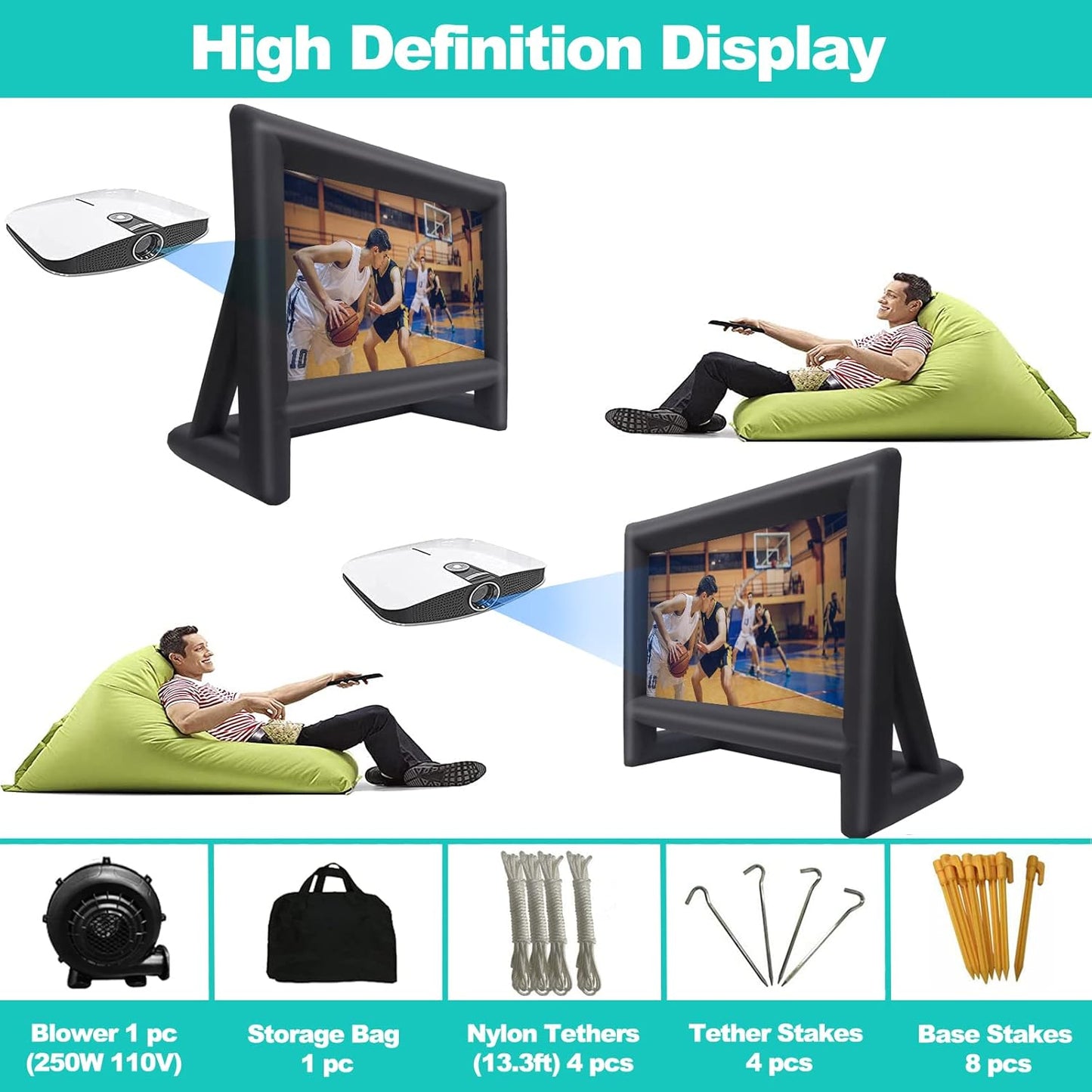 21 feet Inflatable Outdoor Projector Movie Screen - Blow Up Screen for TV & Movies with Blower Portable Projection Screen for Home Theater Outdoor Indoor Support Front & Rear Projection