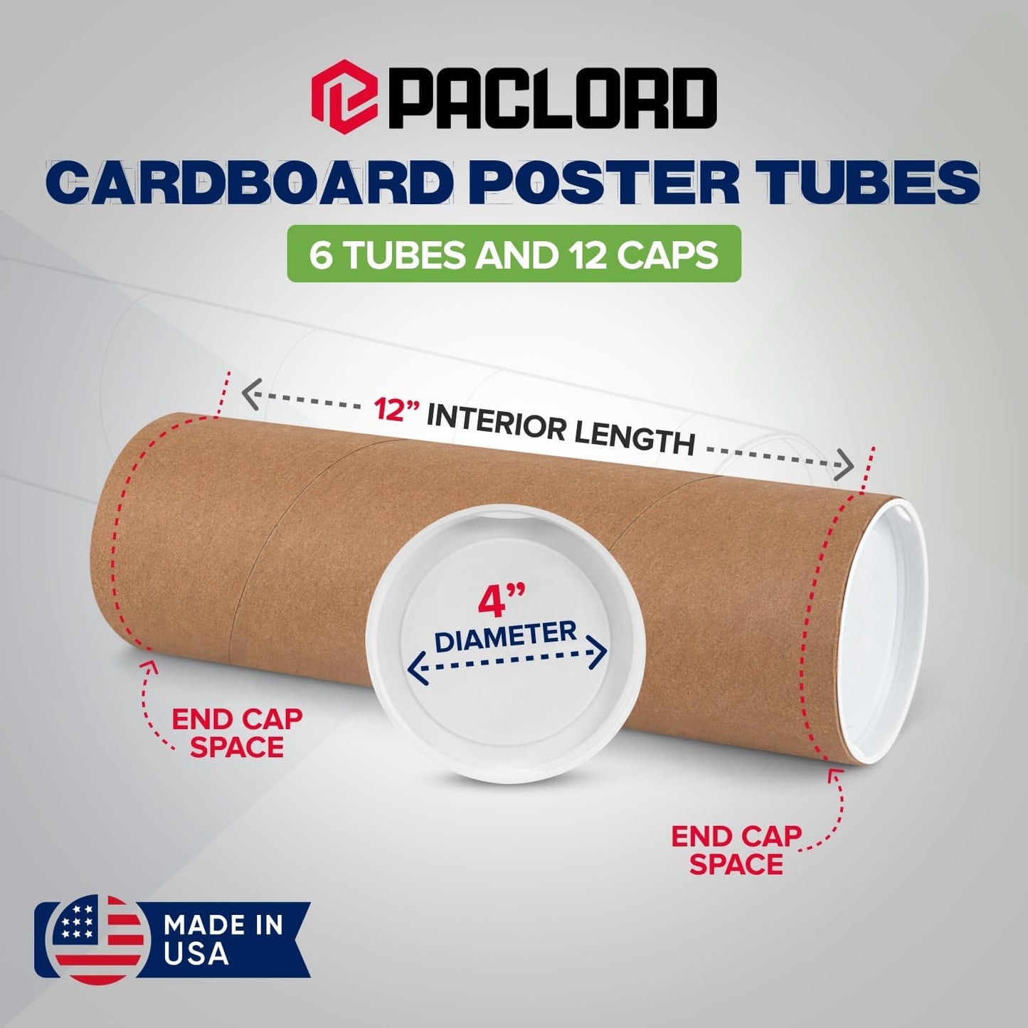 4" x 12" Reinforced Kraft Paper Mailing Tubes, Pack of 6 Tubes with 2 Caps Each – USPS Approved Poster Tube – Made in USA Cardboard Tube for Shipping and Storing Posters, Prints, Artwork, or Documents