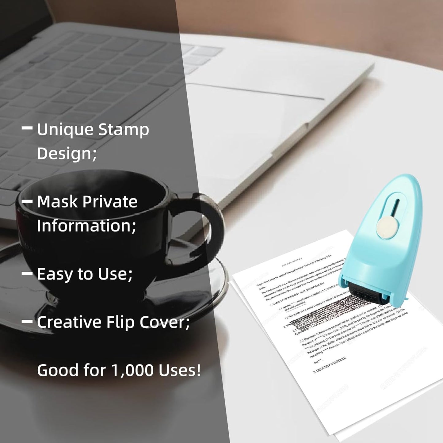 Identity Theft Protection Security Roller Stamp 4PCs- Guard Your ID Blackout With Built-in Cutter, Flip Cover, Ink Refilled Design, Confidential Privacy Safeguard Wide for Document, Mail (WH/PK/BU/PU)