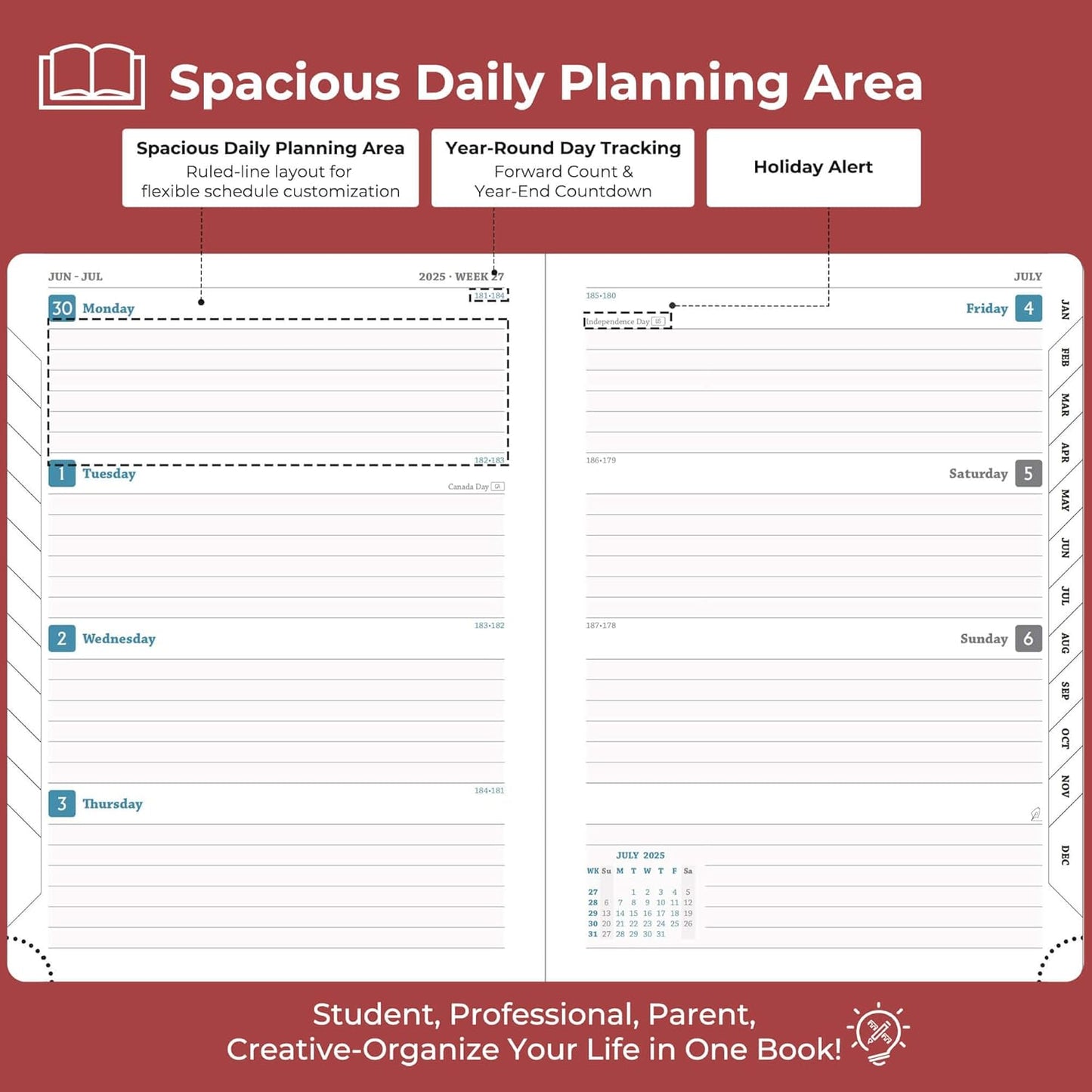 Planner 2025-2026 Daily Weekly and Monthly,8.5"x6.5",18 Months Spiral Bound Calendar Agenda with Self-adhesive Pen Holder,2026 Academic Plan with Vegan Leather Soft Cover,Red